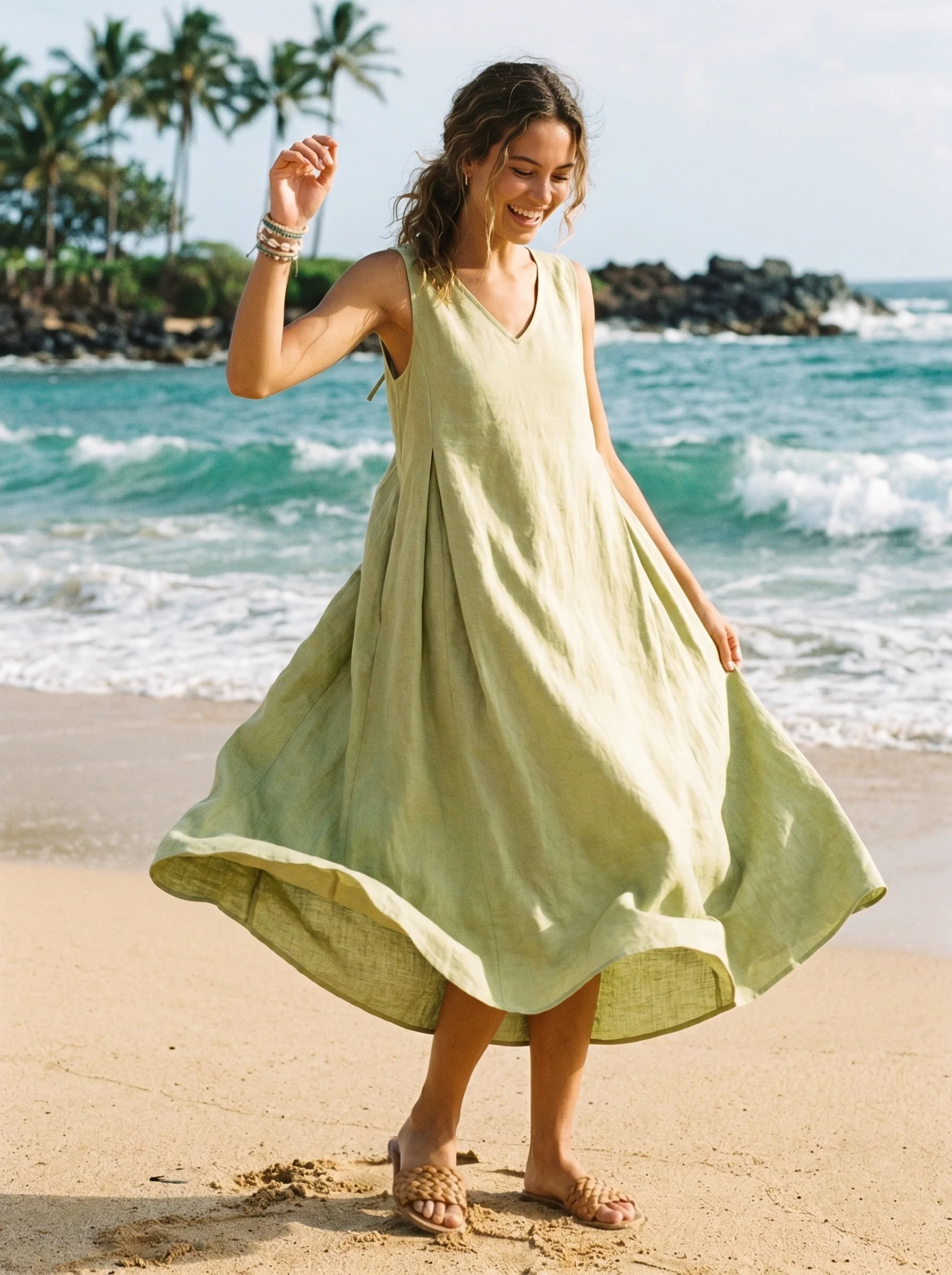 100% Linen Sleeveless A-Line Midi Dress TARA - Image 2