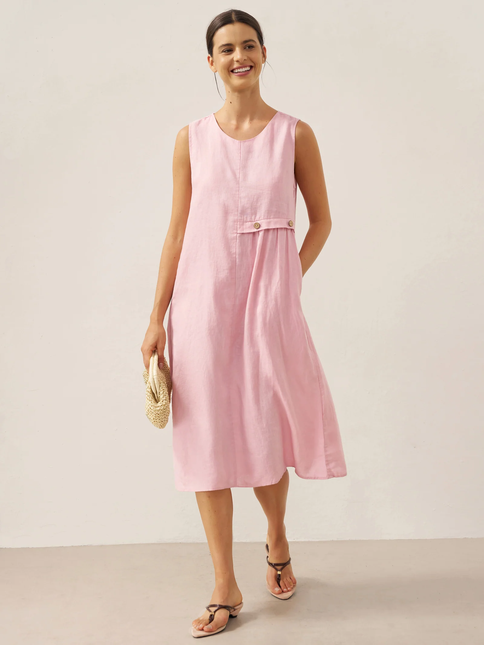 100% Linen Sleeveless Accordion Pleat Midi Dress TINA - Image 8