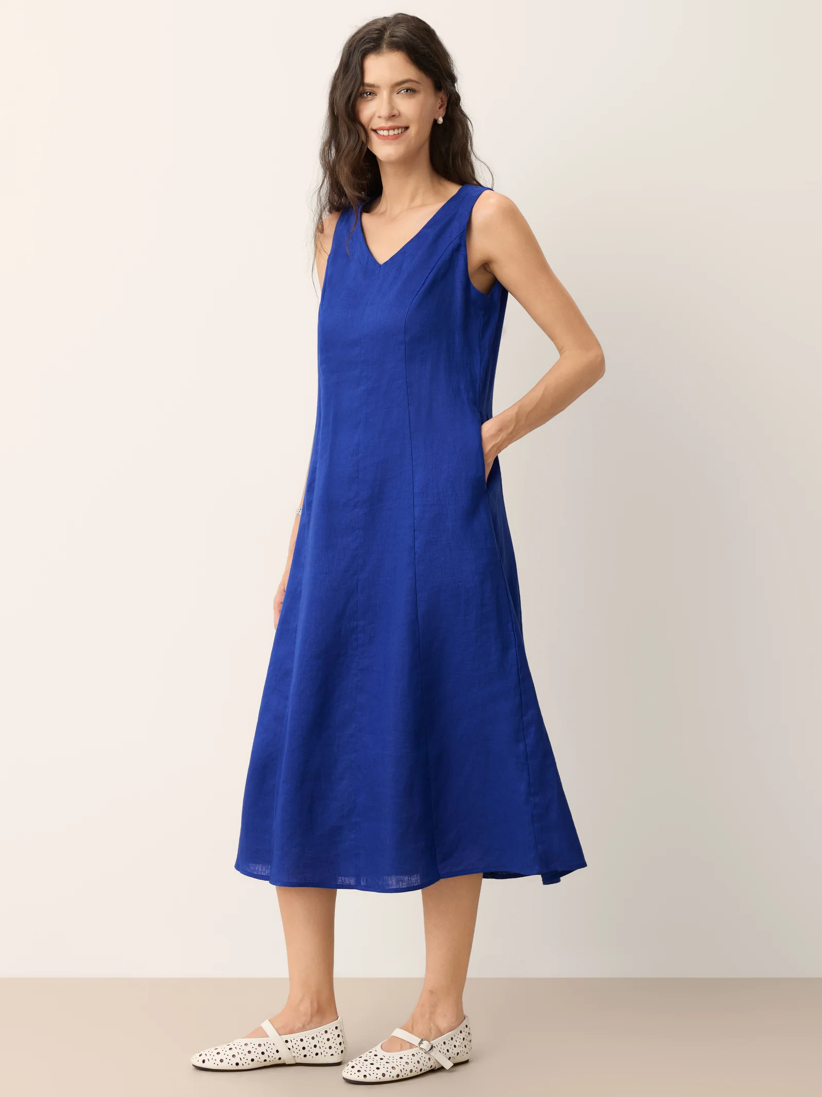 100% Linen Sleeveless V-Neck A-Line Midi Dress MARCELINE - Image 11