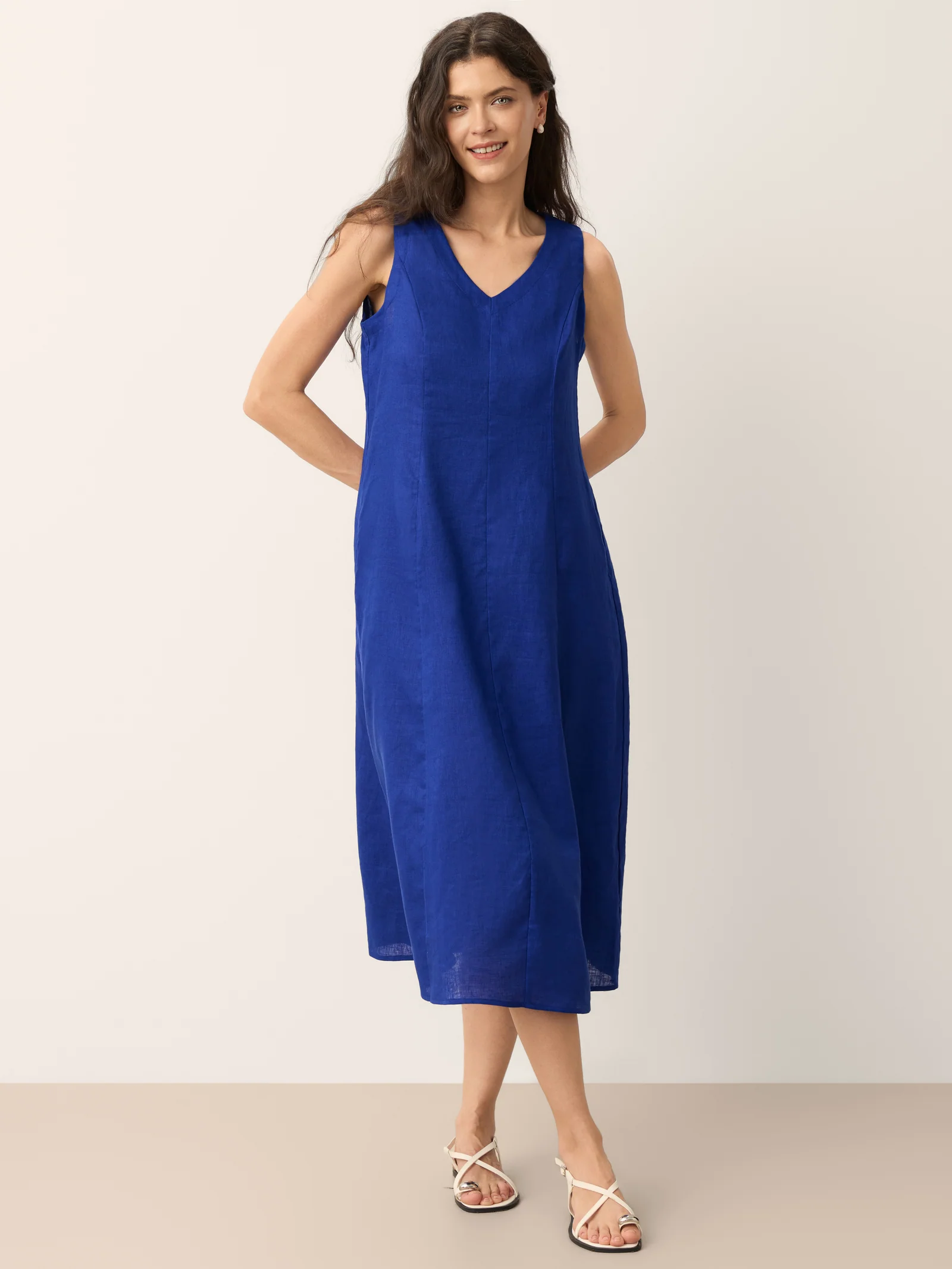 100% Linen Sleeveless V-Neck A-Line Midi Dress MARCELINE - Image 4