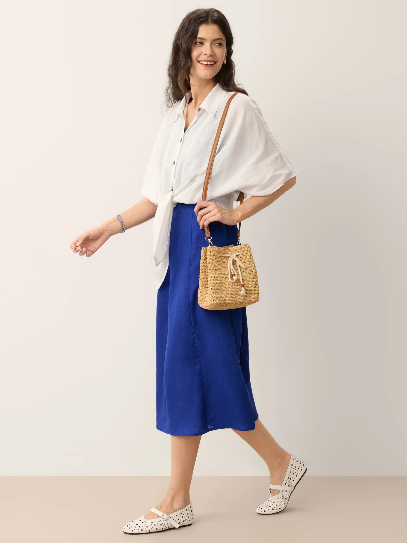 100% Linen Sleeveless V-Neck A-Line Midi Dress MARCELINE - Image 8