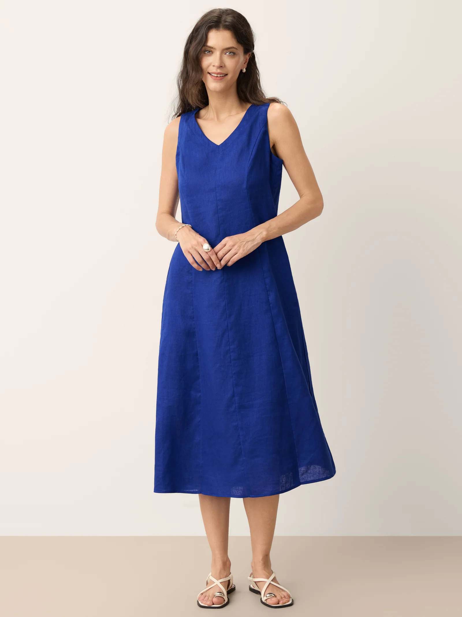 100% Linen Sleeveless V-Neck A-Line Midi Dress MARCELINE - Image 9