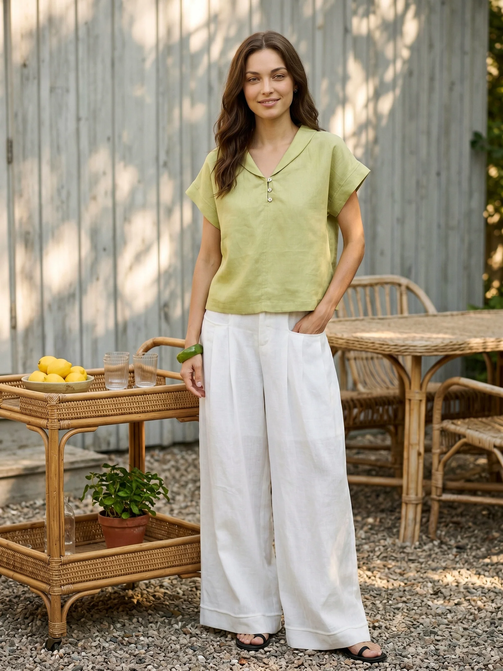 100% Linen Soft Collar Shell Button Rolled Cuff Top HELGA - Image 3