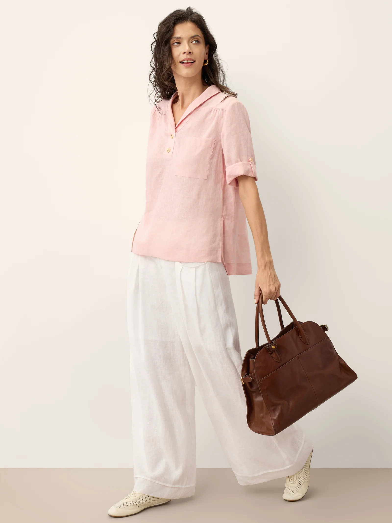 100% Linen Soft Collar Tab Sleeve Top OLGA - Image 10