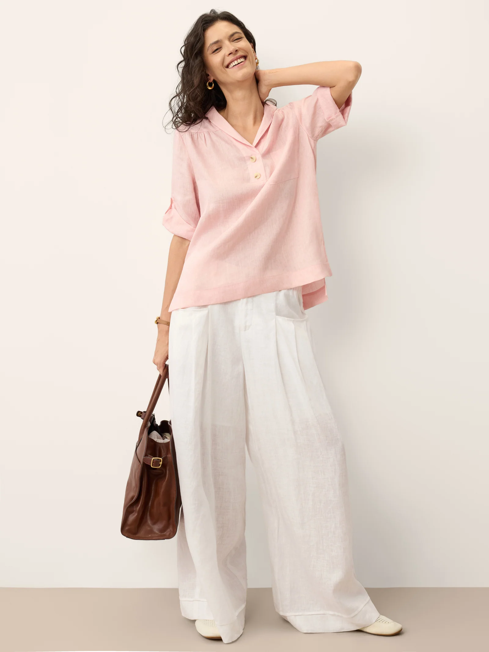 100% Linen Soft Collar Tab Sleeve Top OLGA - Image 9