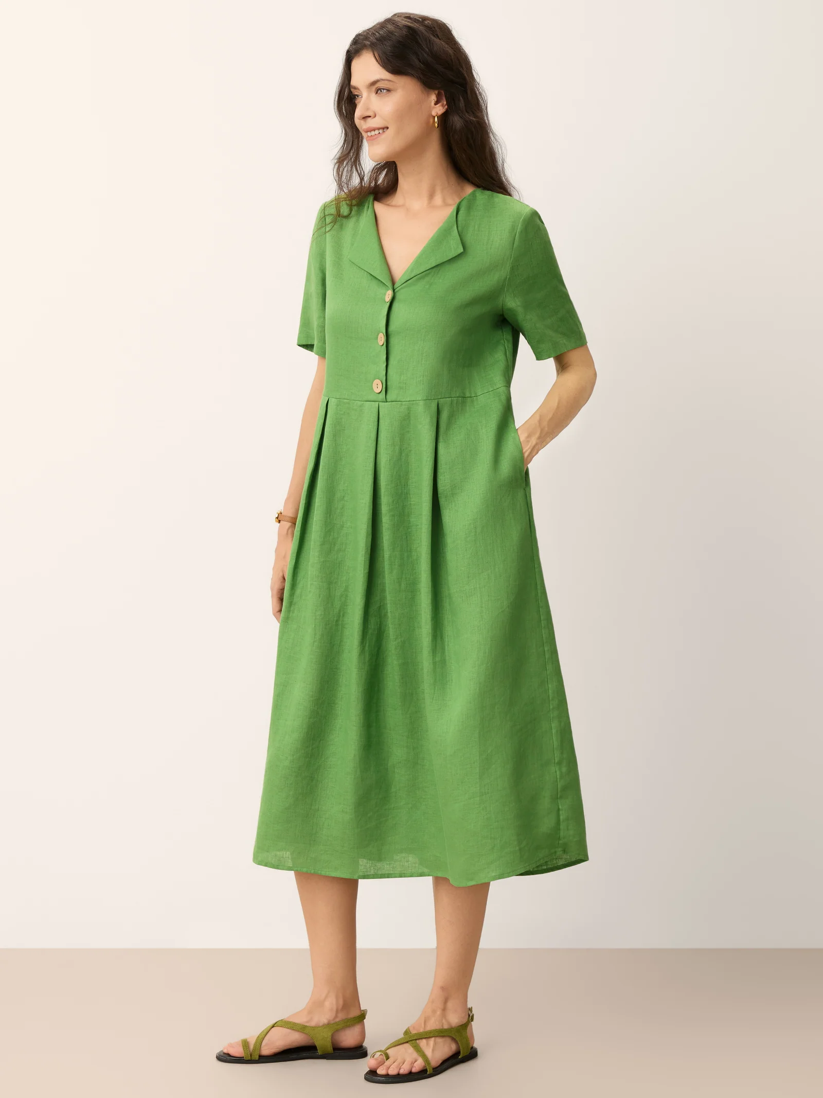 100% Linen Split Neck Button Detail Midi Dress