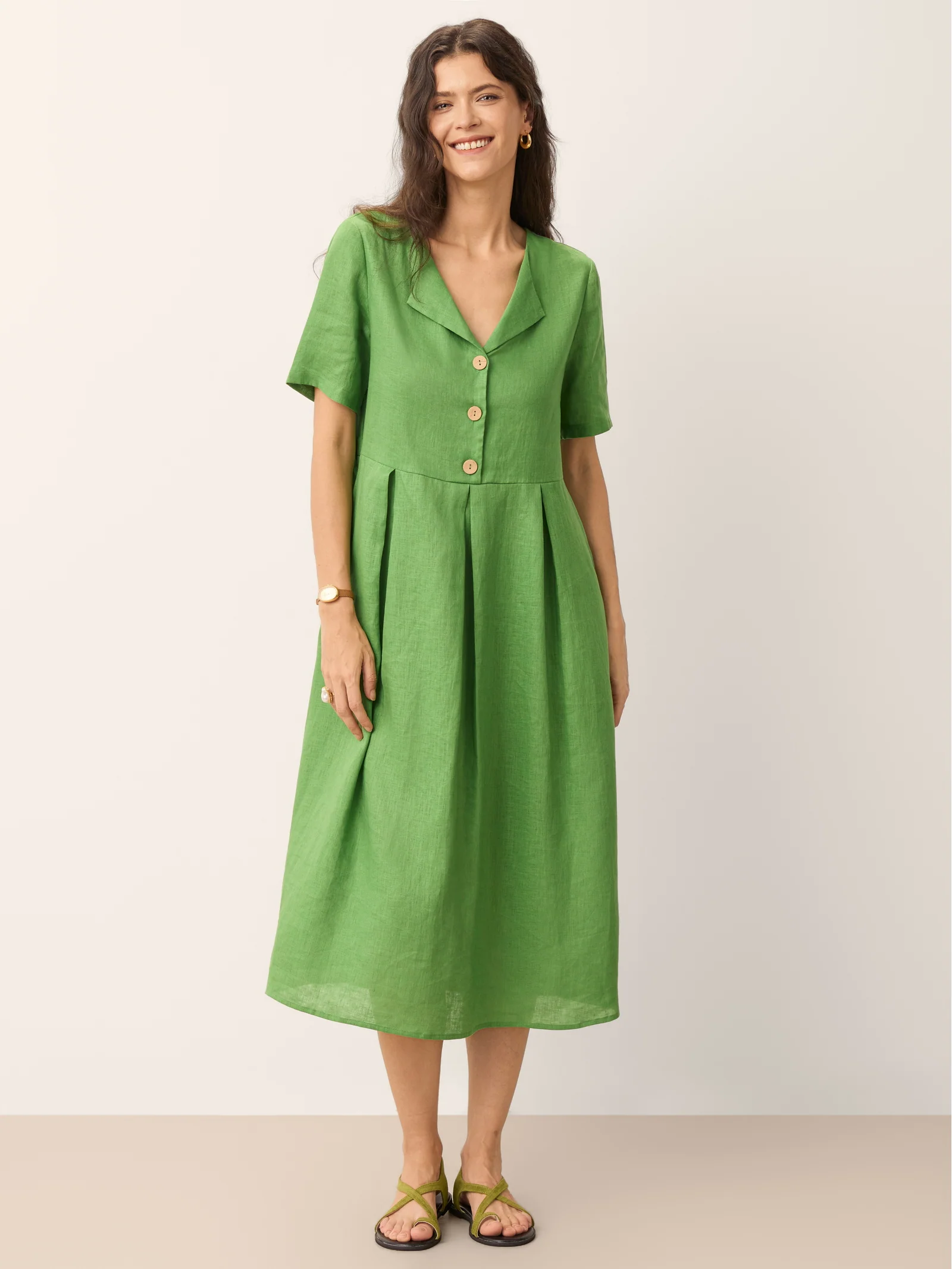 100% Linen Split Neck Button Detail Midi Dress - Image 10