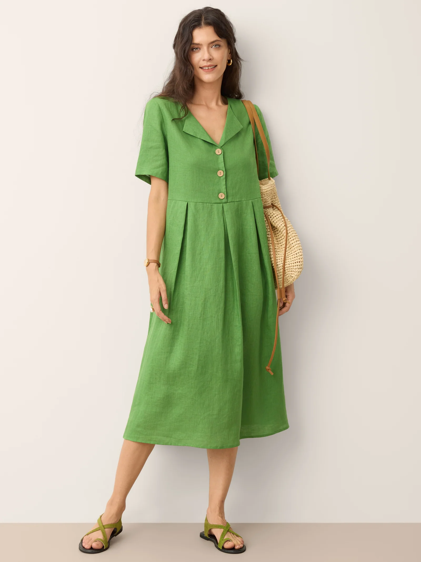 100% Linen Split Neck Button Detail Midi Dress - Image 8