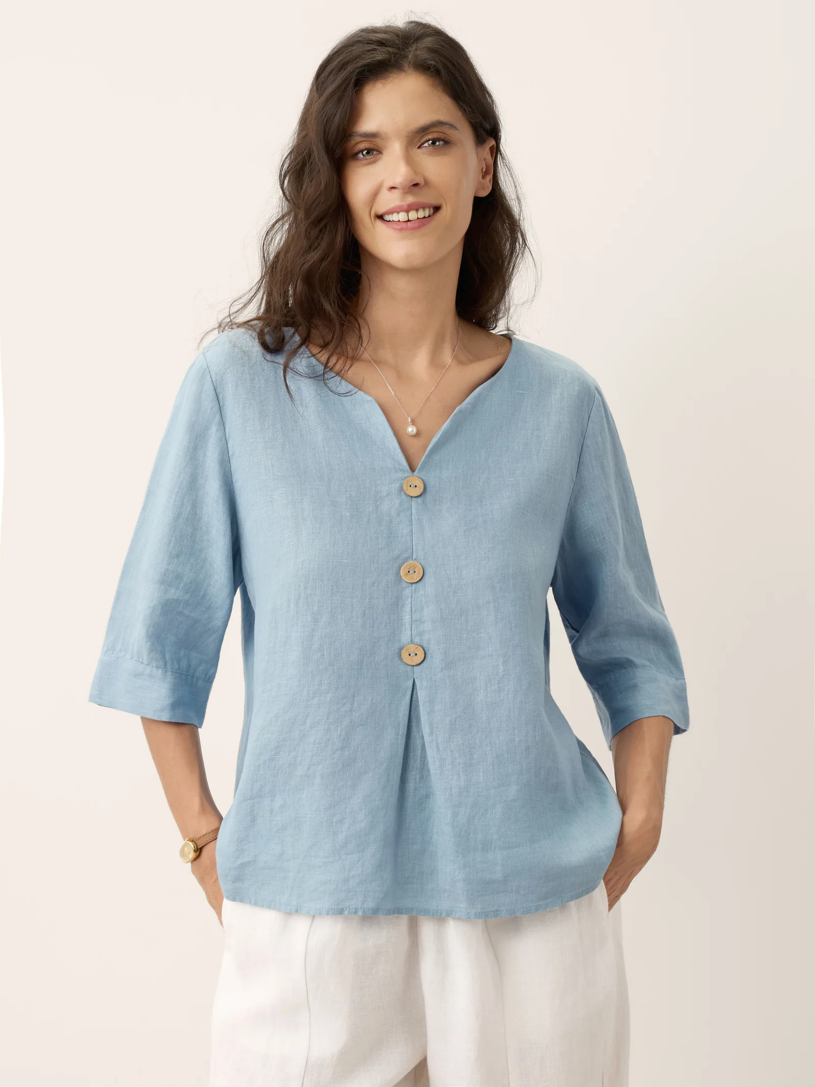 100% Linen Split Neck Inverted Pleat Top TABITHA