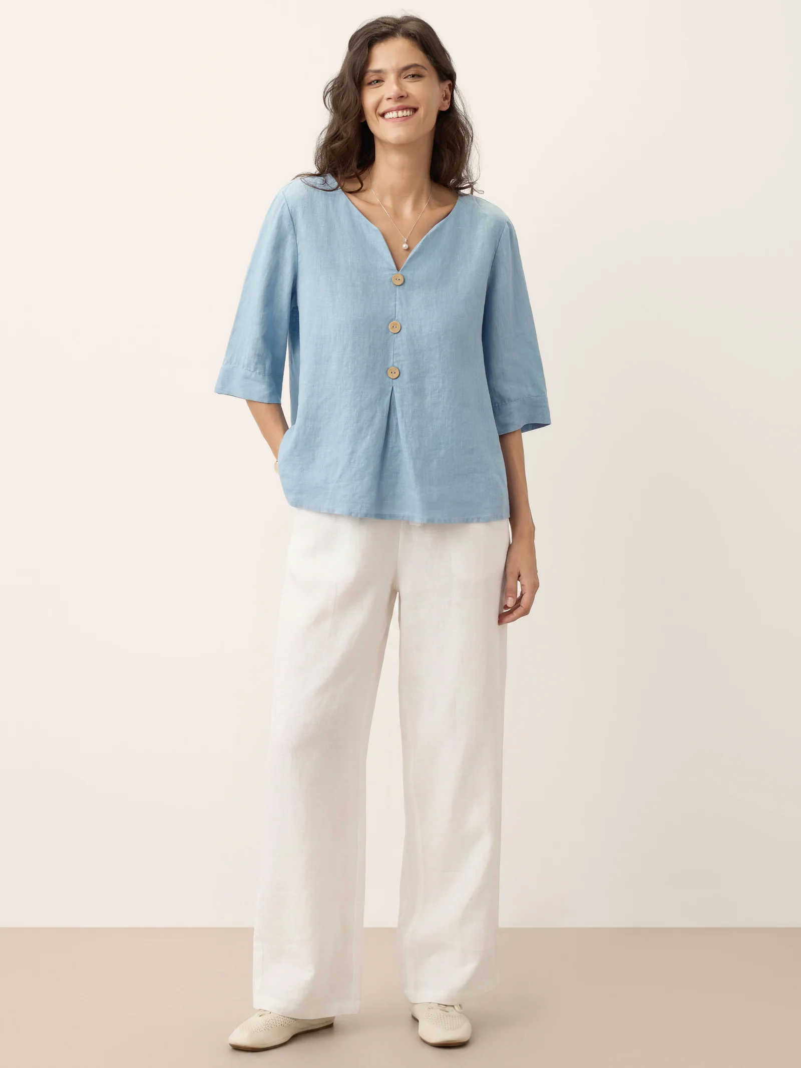 100% Linen Split Neck Inverted Pleat Top TABITHA - Image 9