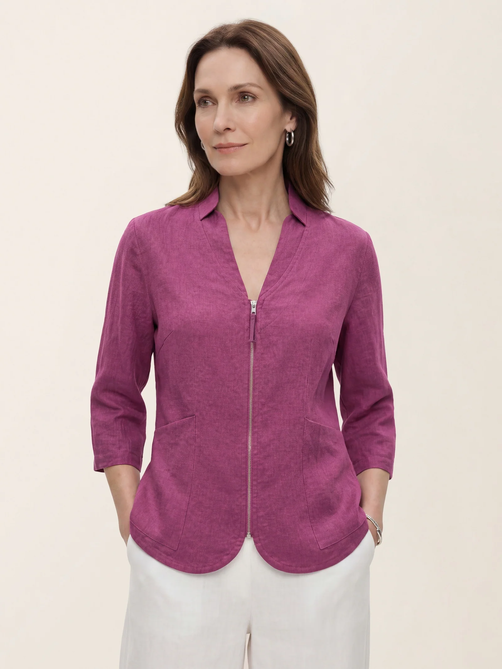 100% Linen Stand Collar Zip Front Jacket MAELLE