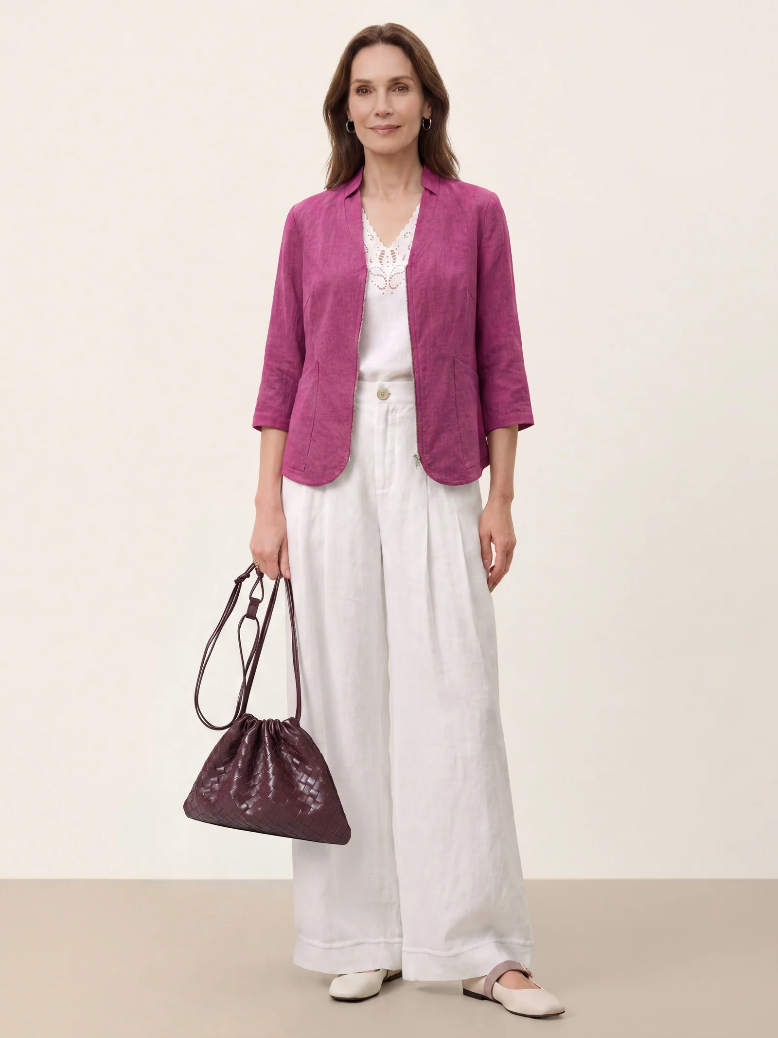 100% Linen Stand Collar Zip Front Jacket MAELLE - Image 10