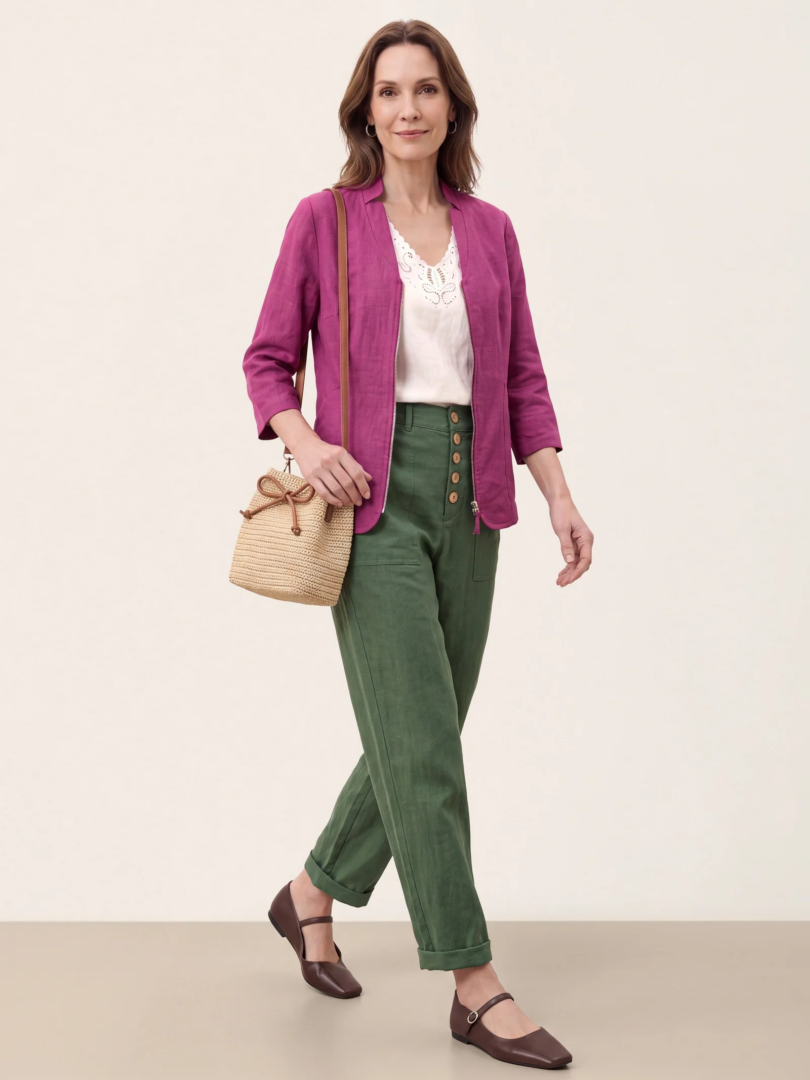 100% Linen Stand Collar Zip Front Jacket MAELLE - Image 9