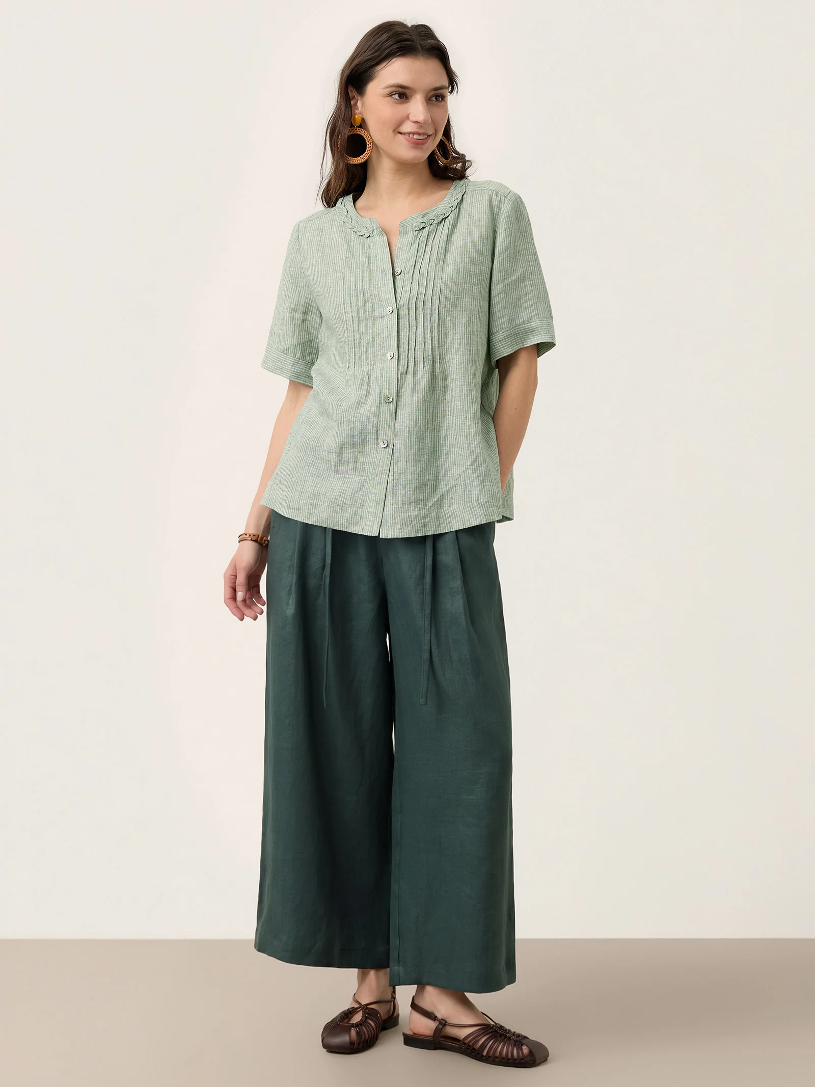 100% Linen Striped Braided Neck Shell Button Top ARDEN - Image 11