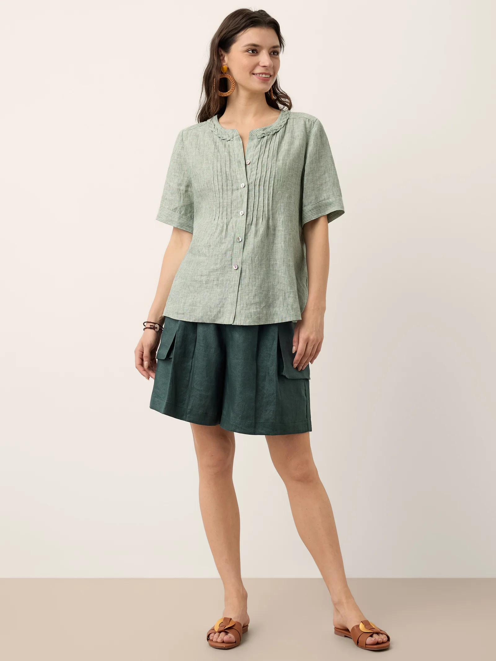 100% Linen Striped Braided Neck Shell Button Top ARDEN - Image 12