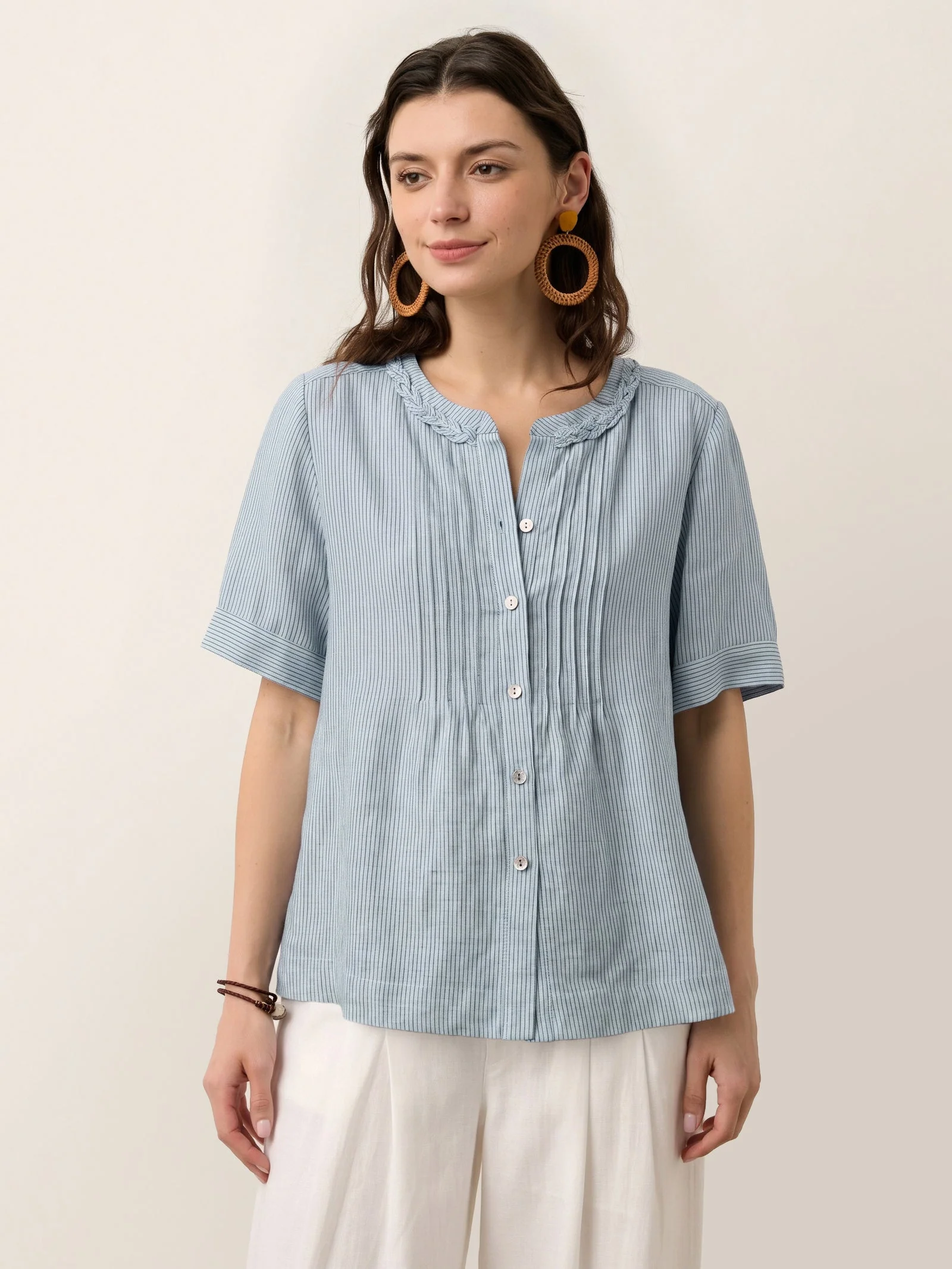 100% Linen Striped Braided Neck Shell Button Top ARDEN - Image 13