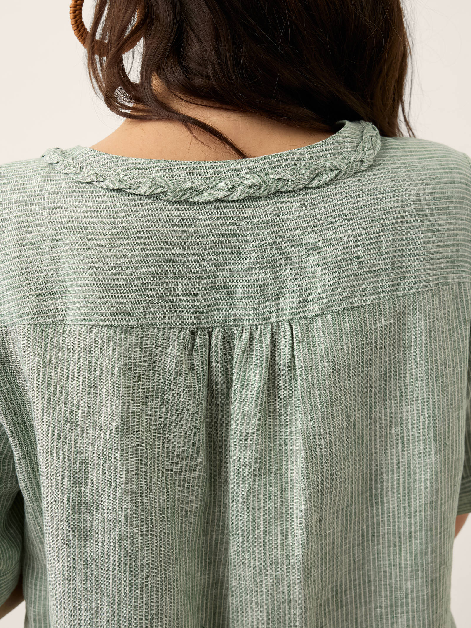 100% Linen Striped Braided Neck Shell Button Top ARDEN - Image 6