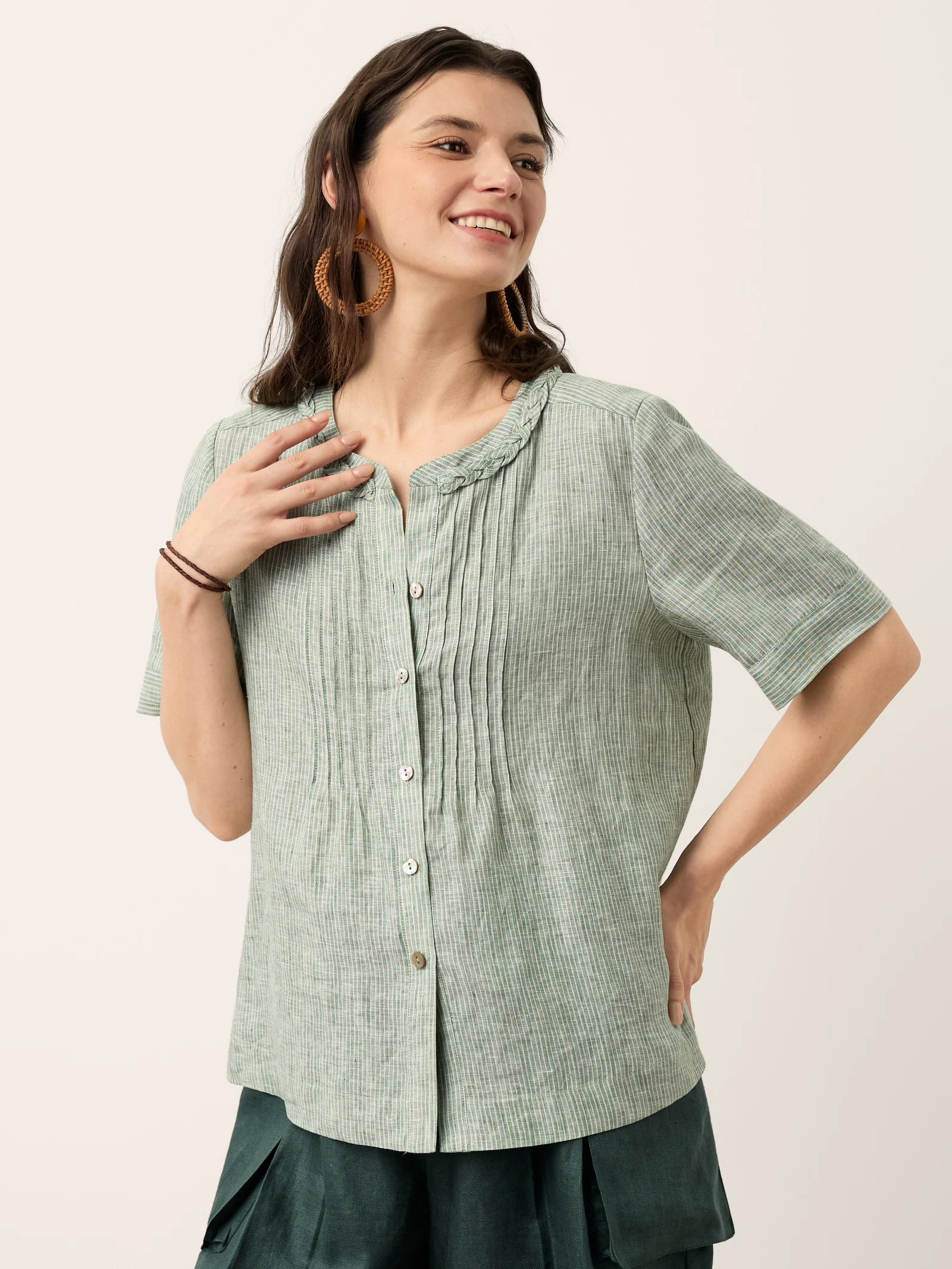 100% Linen Striped Braided Neck Shell Button Top ARDEN - Image 8