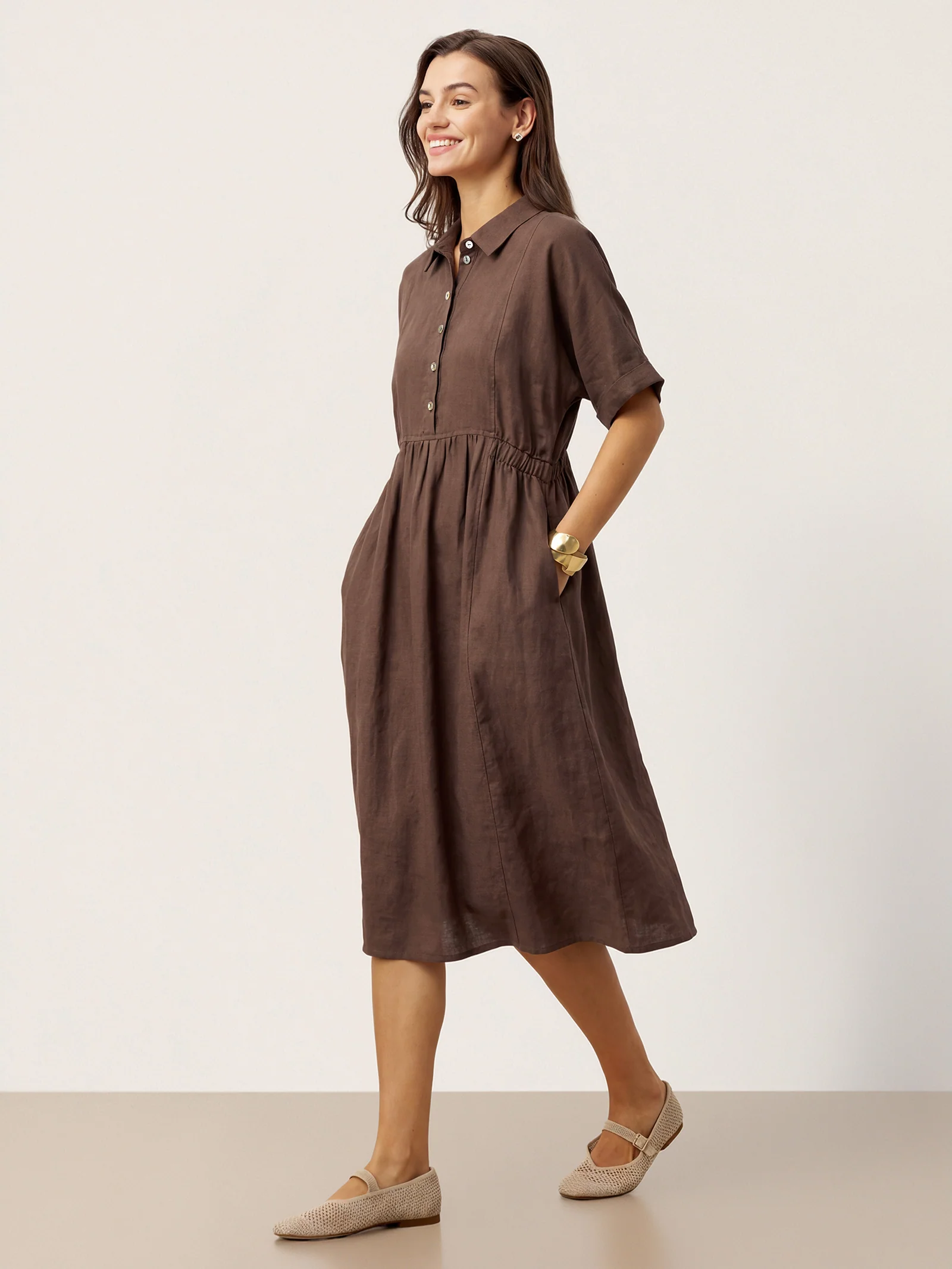 100% Linen Striped Buttoned Front Short Sleeve Midi Shirt Dress CASSANDRA - Image 10
