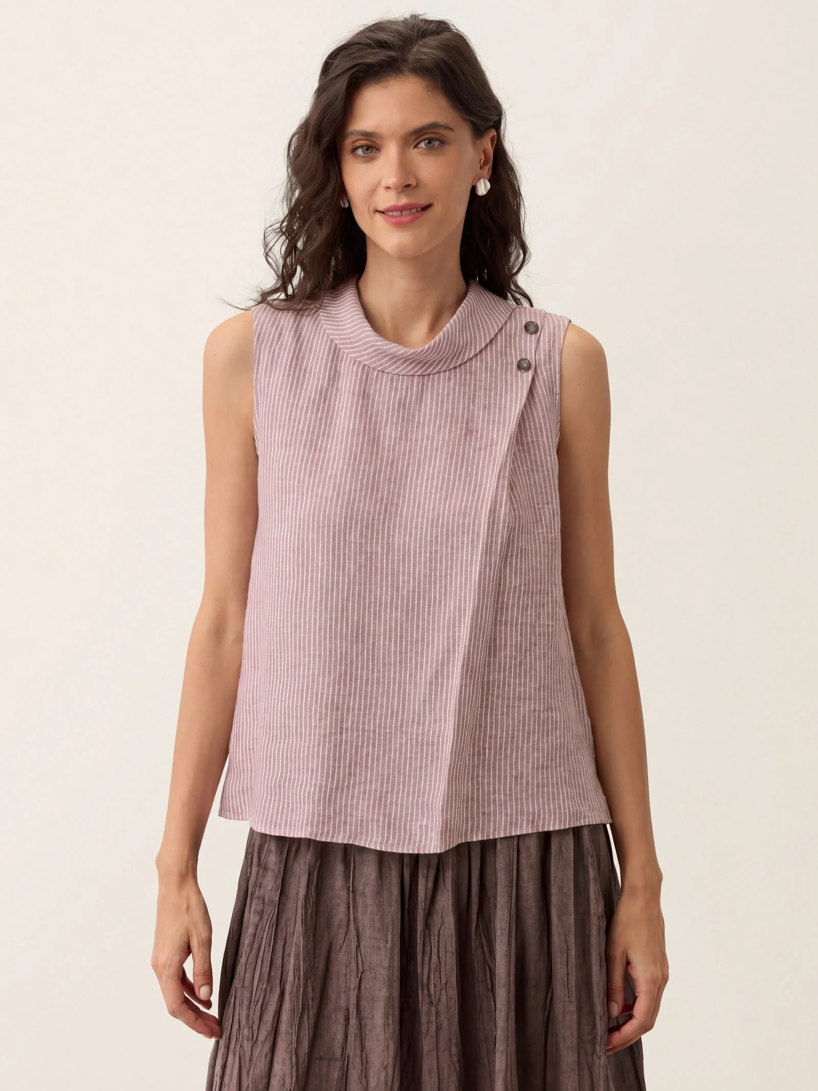 100% Linen Striped Diagonal Pleat Mock Neck Top ESTHER - Image 10