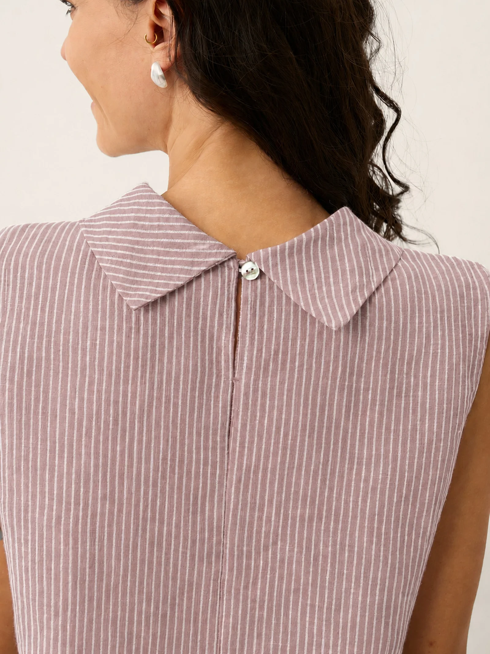 100% Linen Striped Diagonal Pleat Mock Neck Top ESTHER - Image 15