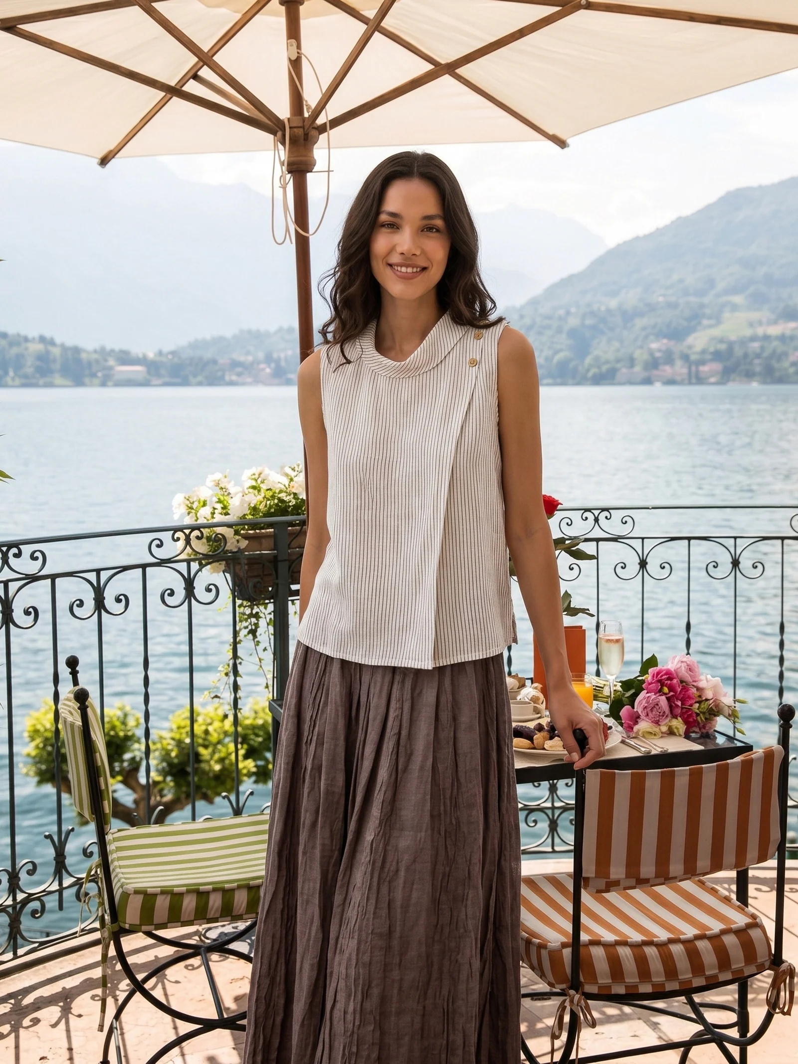 100% Linen Striped Diagonal Pleat Mock Neck Top ESTHER - Image 2