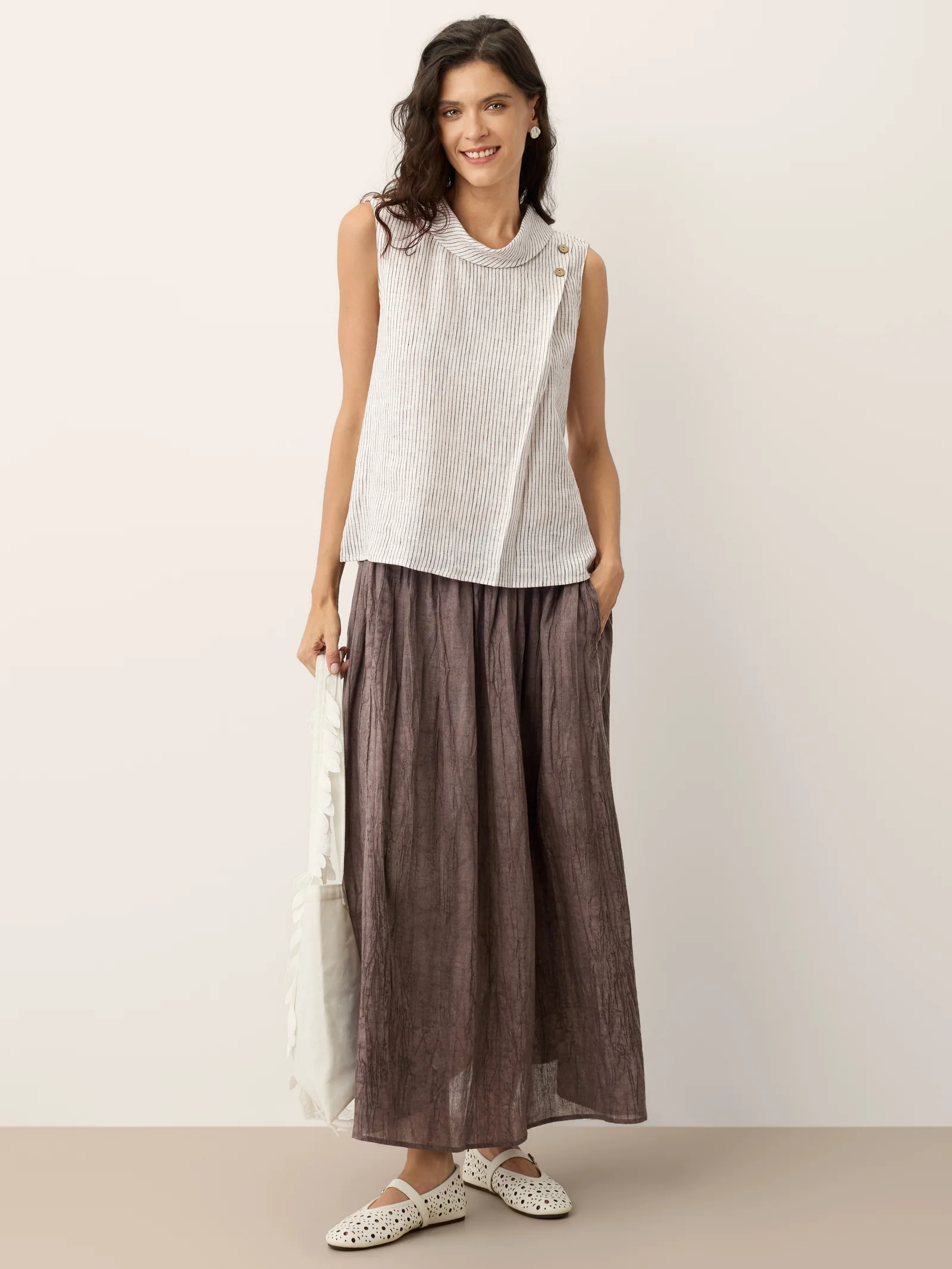 100% Linen Striped Diagonal Pleat Mock Neck Top ESTHER - Image 9