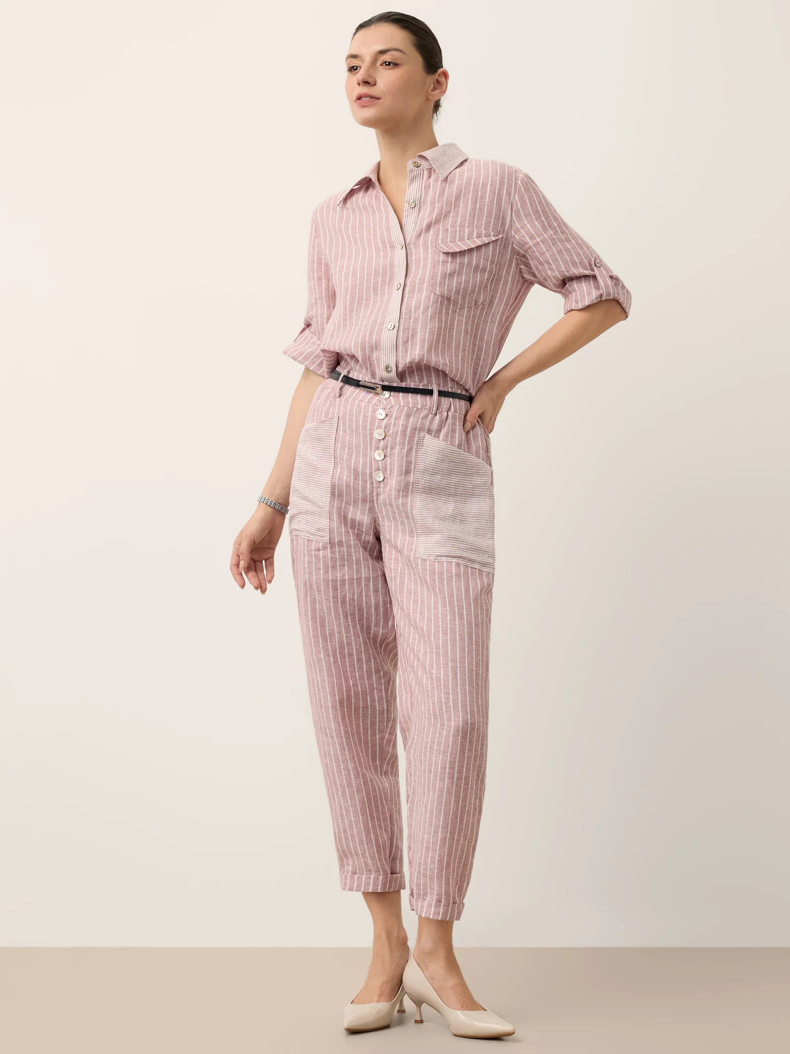 100% Linen Striped Patch Pocket Tapered Pants NERISSAH - Image 8