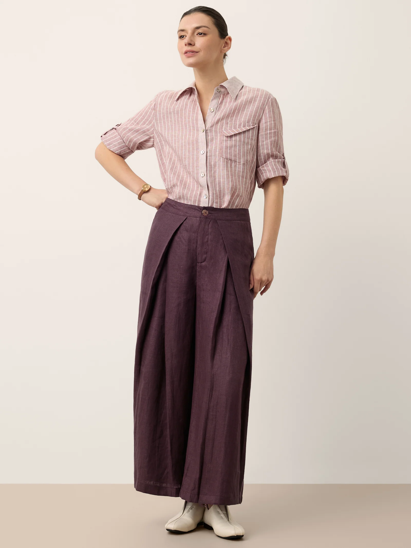100% Linen Striped Roll Tab Three Quarter Sleeve Shirt MELORA - Image 11