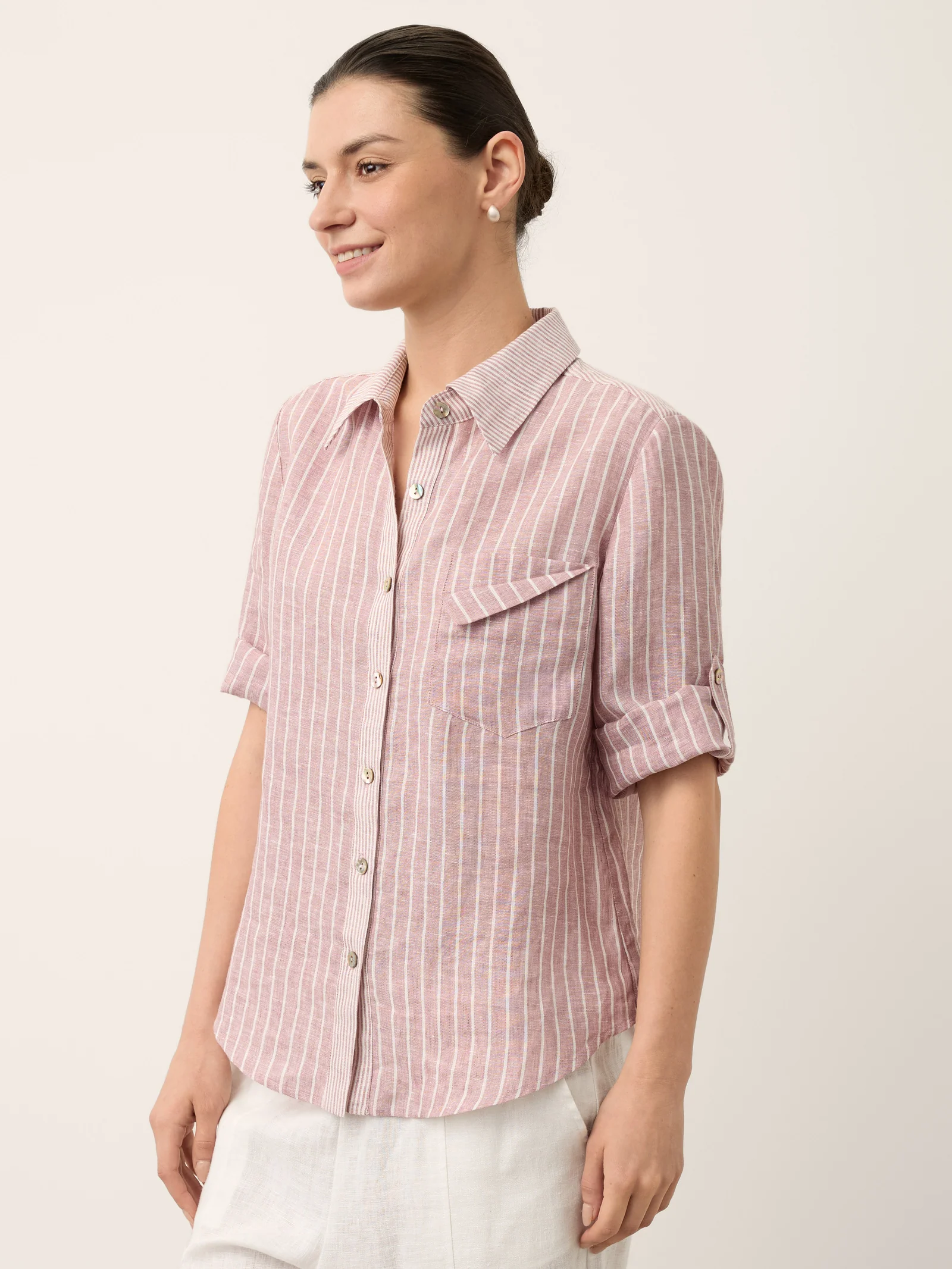 100% Linen Striped Roll Tab Three Quarter Sleeve Shirt MELORA - Image 9