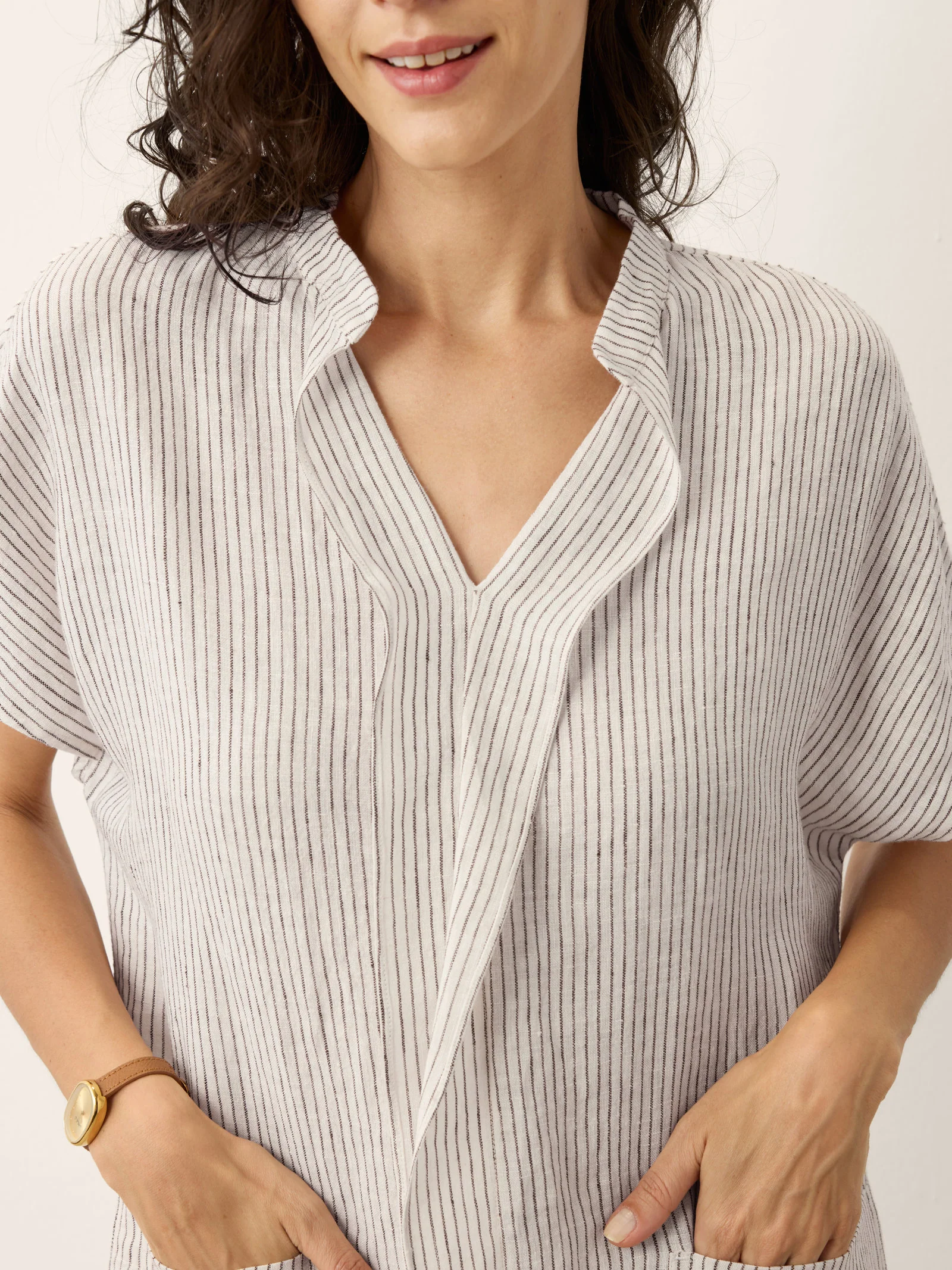100% Linen Striped Ruffle Placket Shirt Dress GLORIA - Image 6