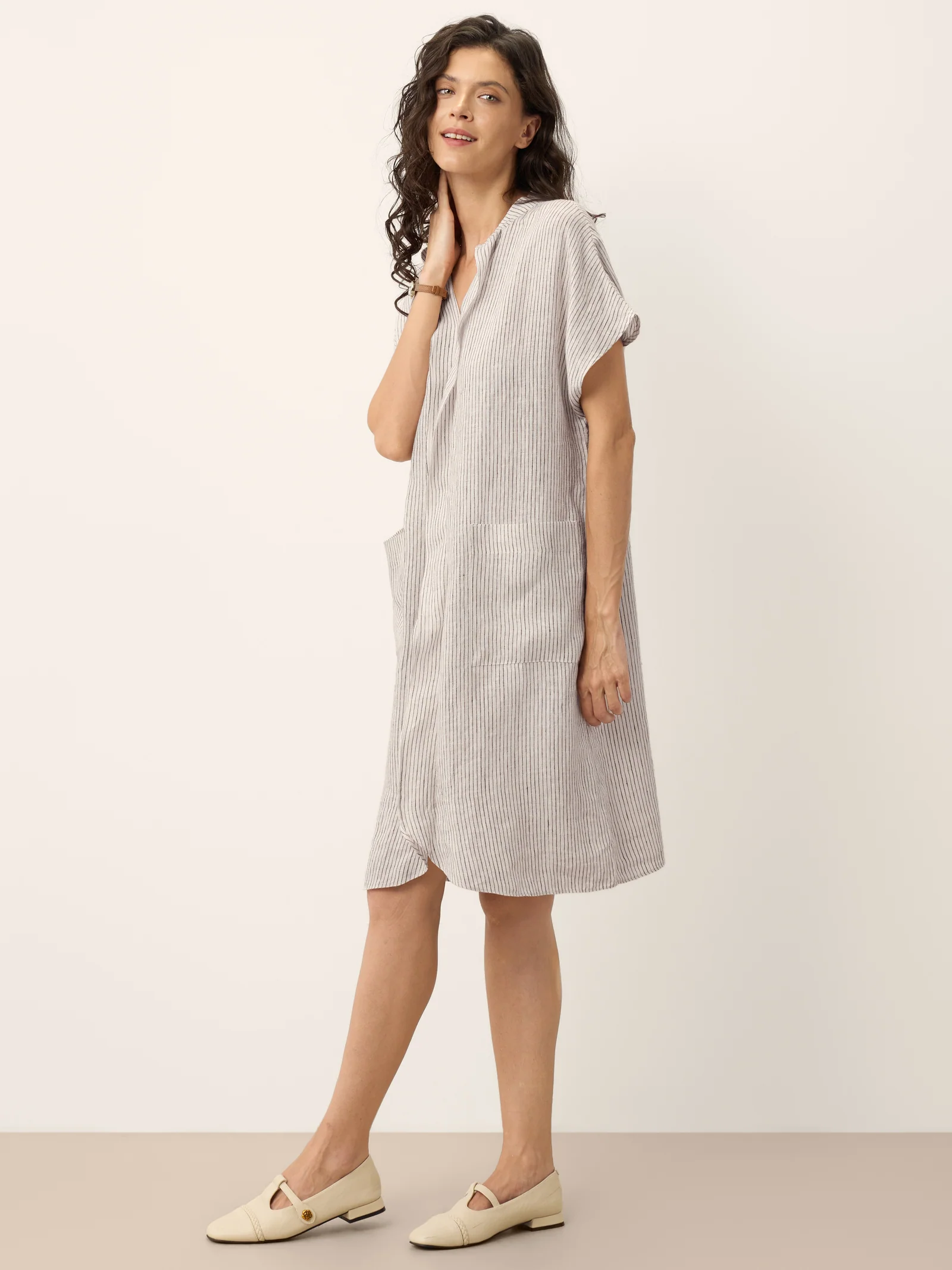 100% Linen Striped Ruffle Placket Shirt Dress GLORIA - Image 7