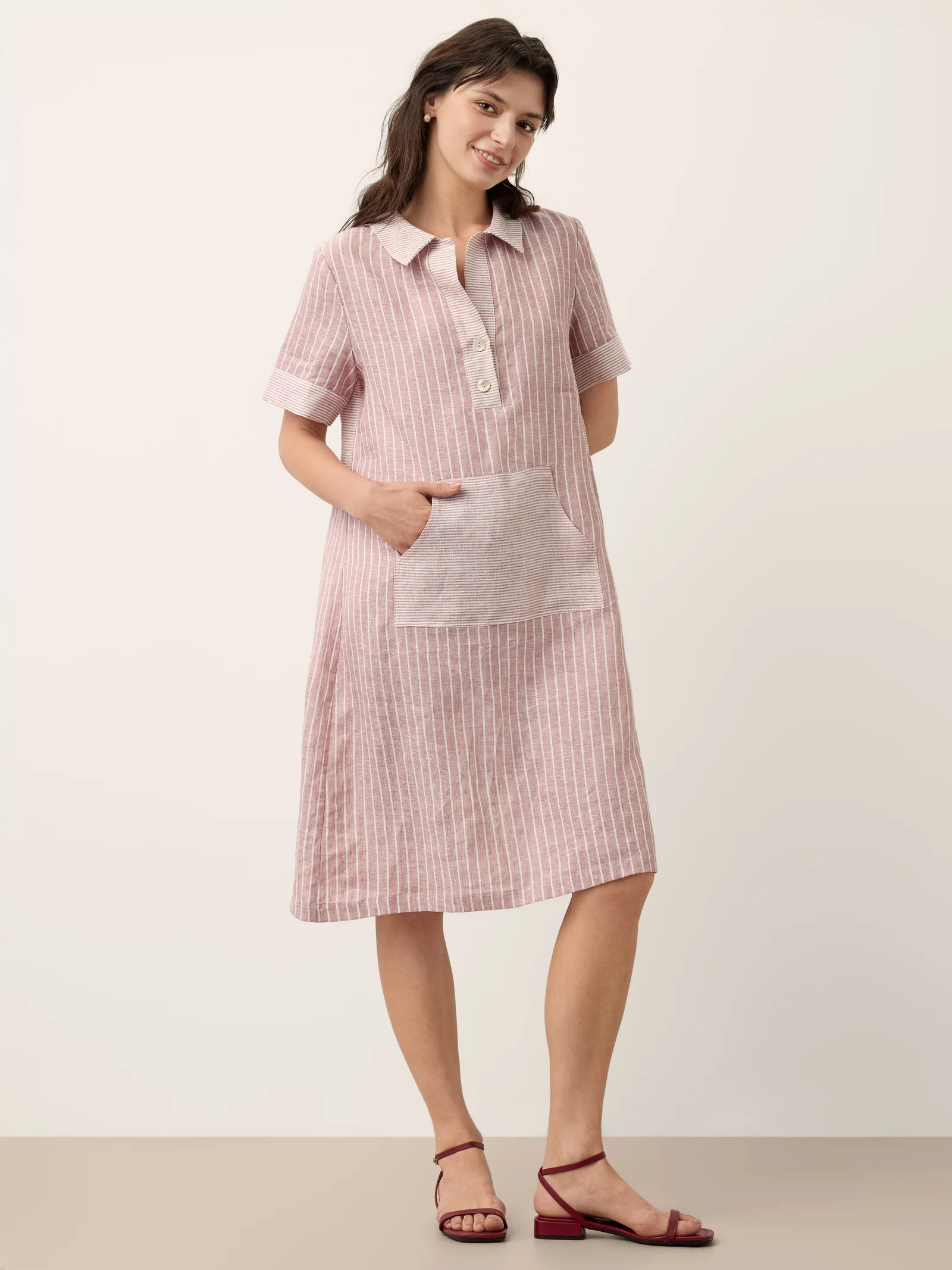 100% Linen Striped Shirt Collar Midi Shirt Dress NOELLE