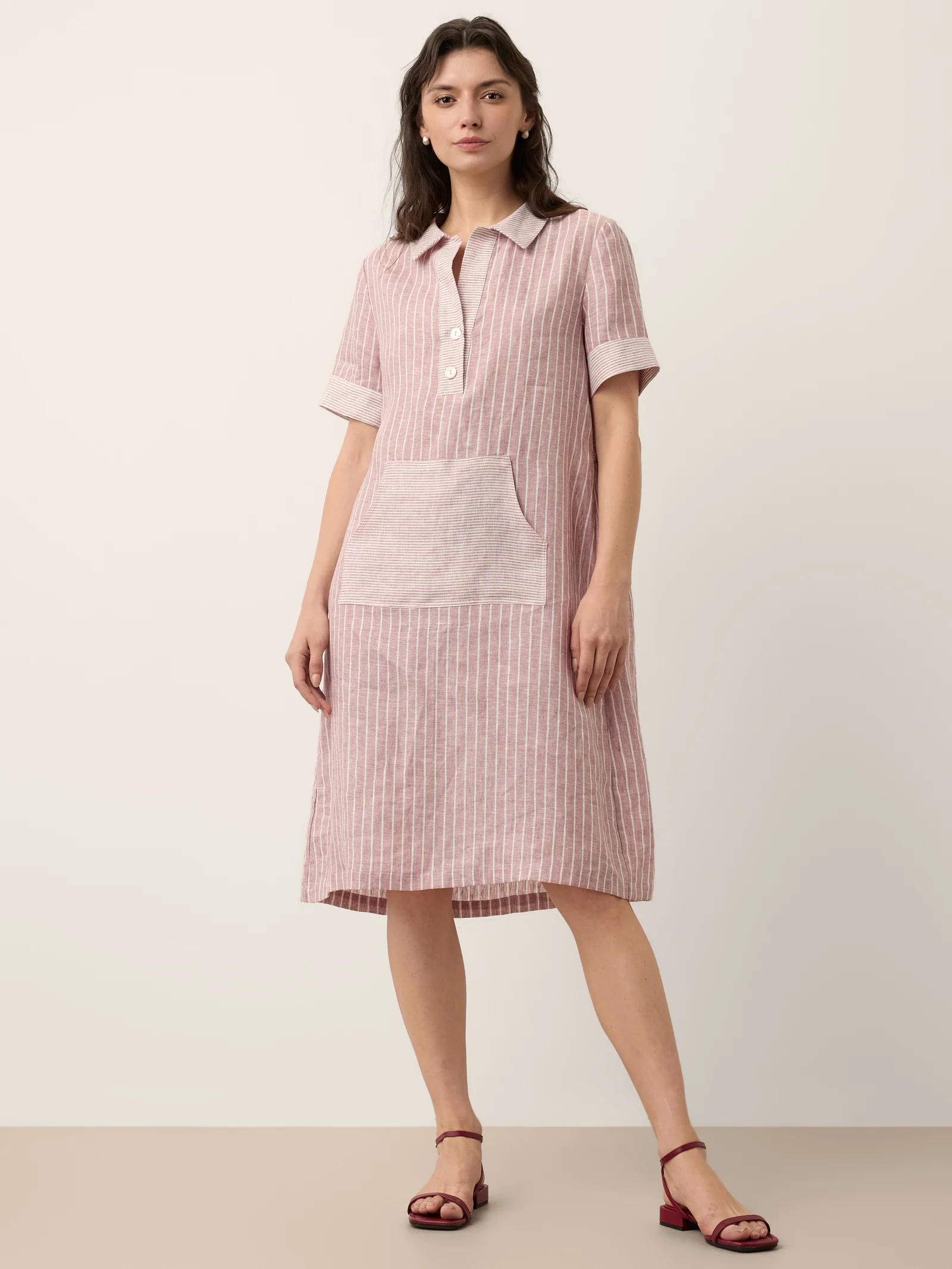 100% Linen Striped Shirt Collar Midi Shirt Dress NOELLE - Image 8