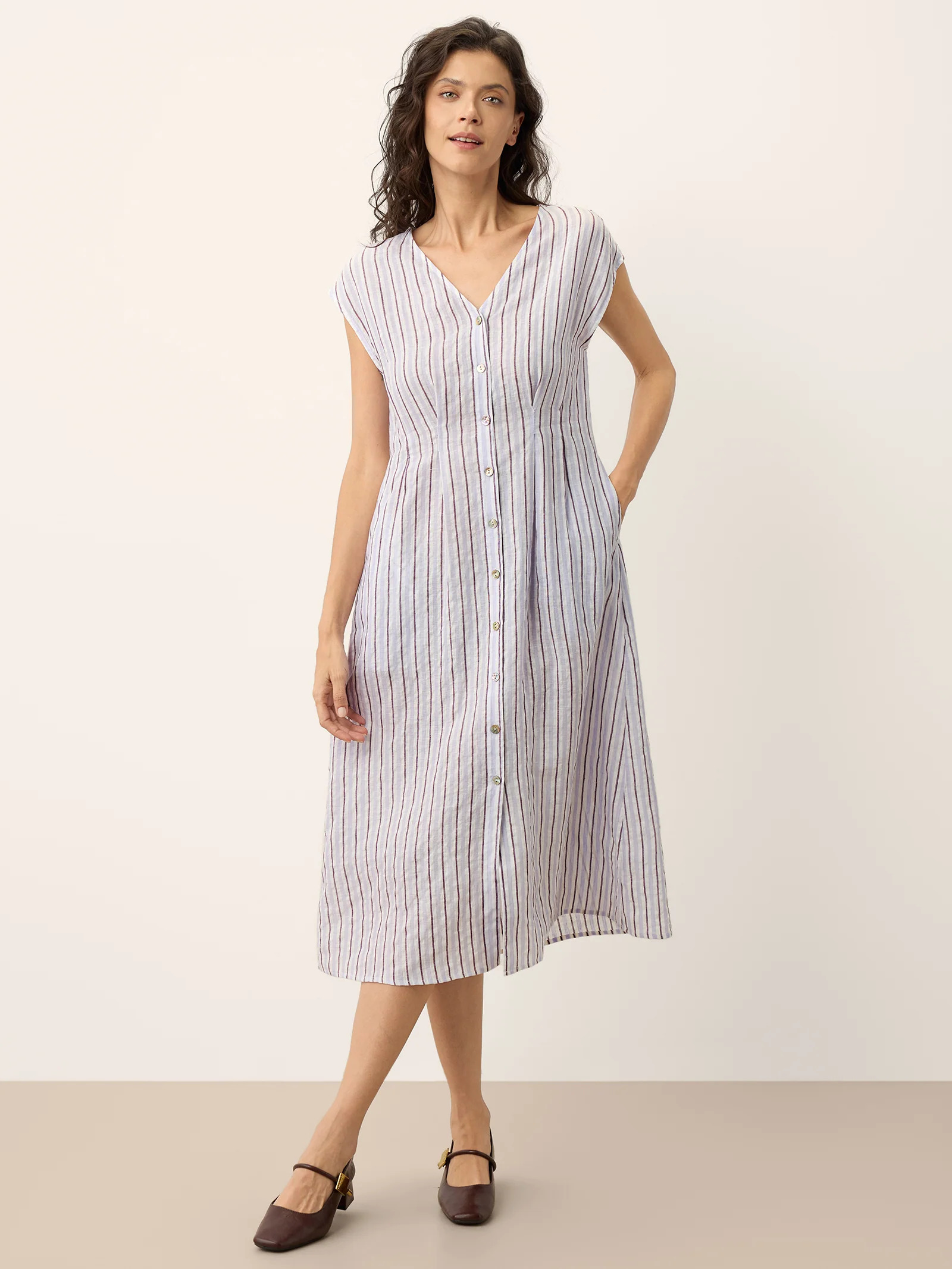100% Linen Striped Tailored Cap Sleeve Midi Dress AGNES