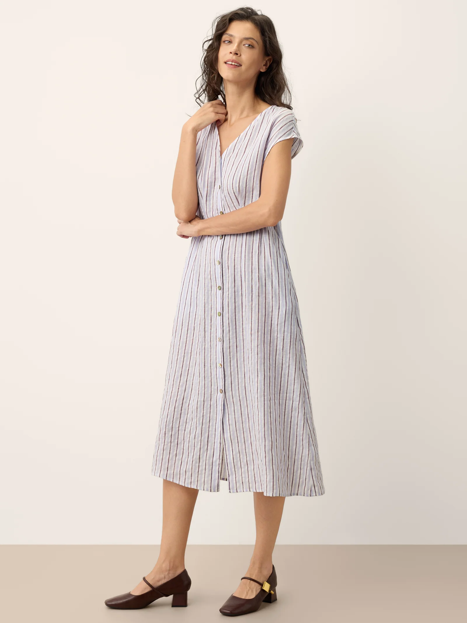 100% Linen Striped Tailored Cap Sleeve Midi Dress AGNES - Image 4