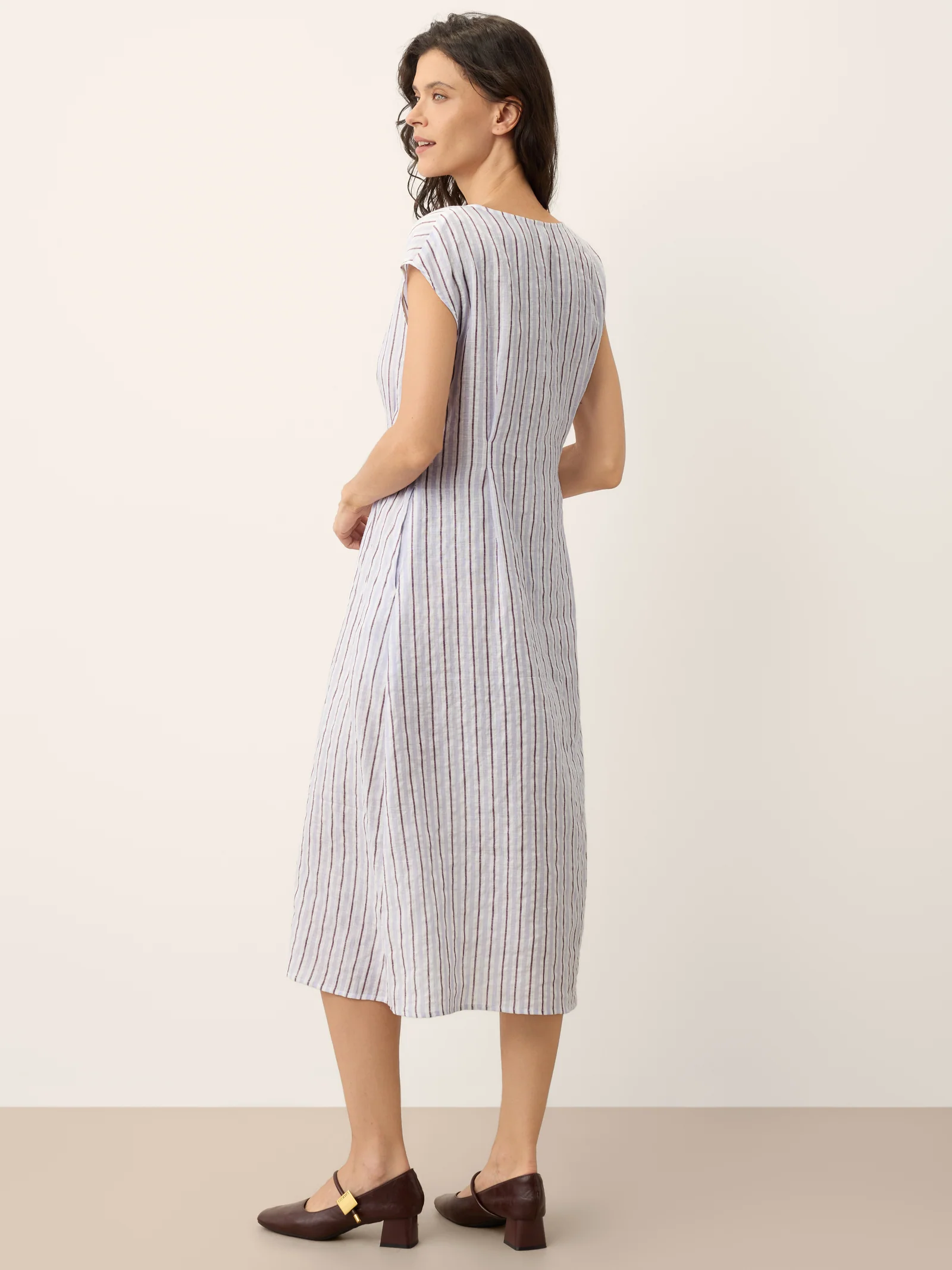 100% Linen Striped Tailored Cap Sleeve Midi Dress AGNES - Image 8