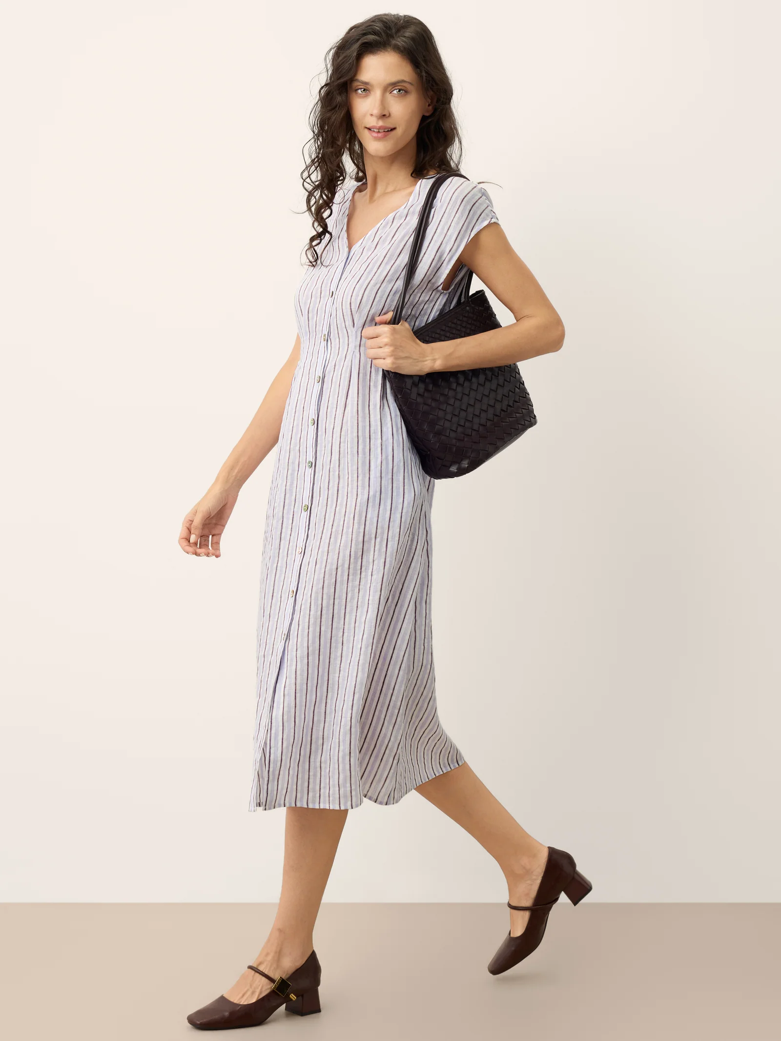 100% Linen Striped Tailored Cap Sleeve Midi Dress AGNES - Image 9