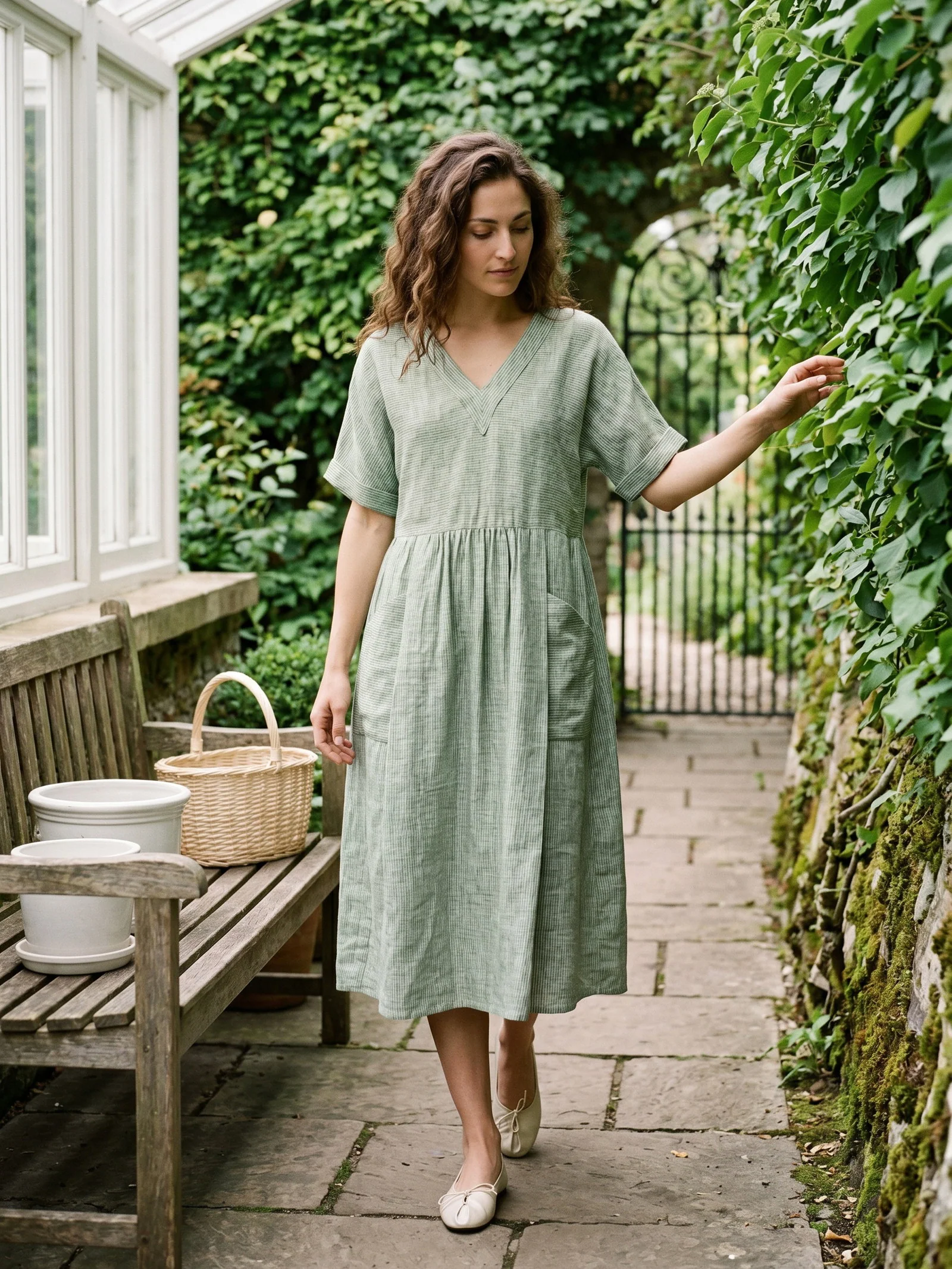 100% Linen Striped V Neck Pocket Midi Dress ASTORIA - Image 3
