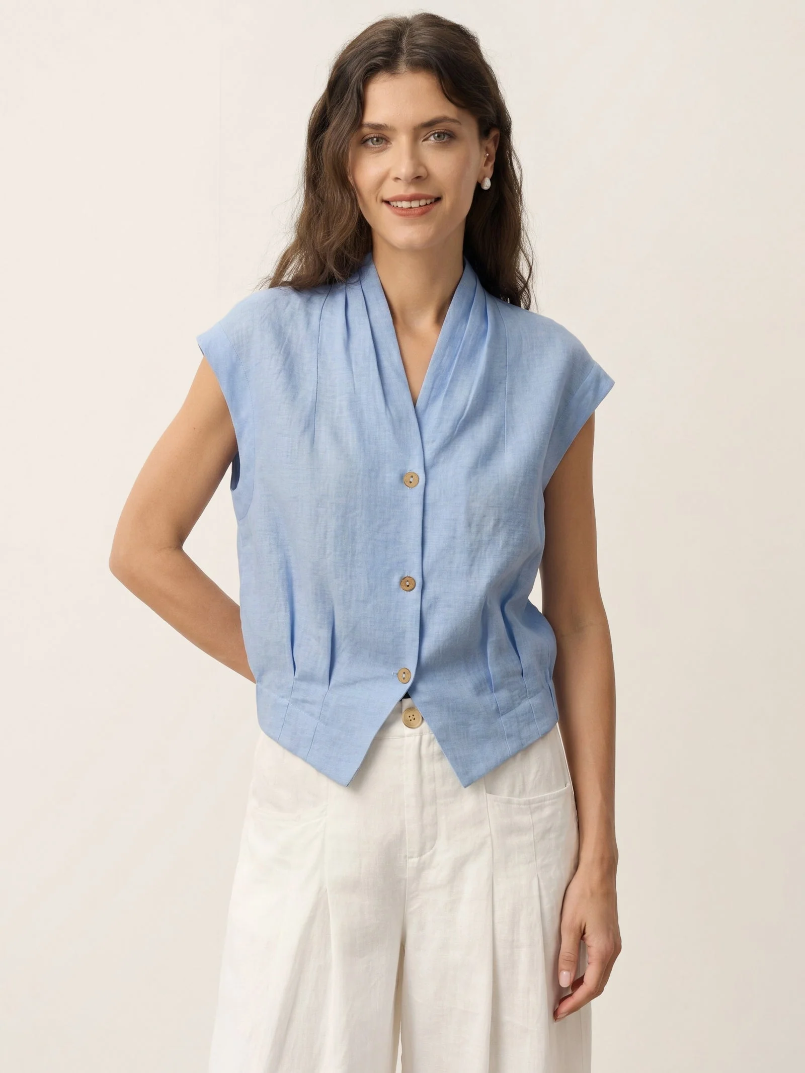 100% Linen Surplice Neck Elasticated Back Cropped Shirt VALERIA - Image 11