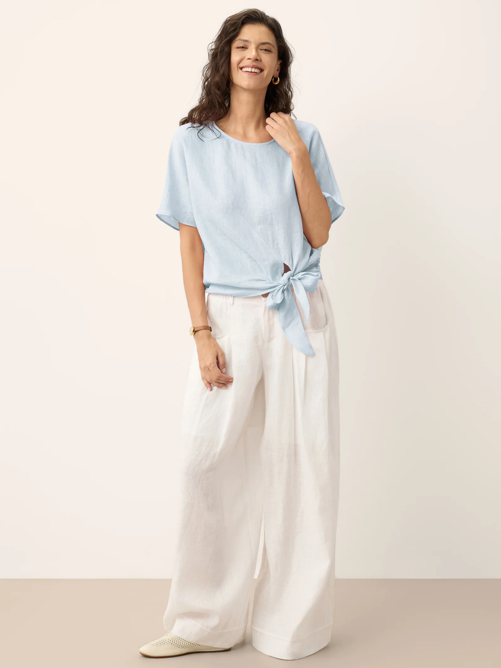 100% Linen Tie Front Drop Shoulder Top PAULA - Image 20