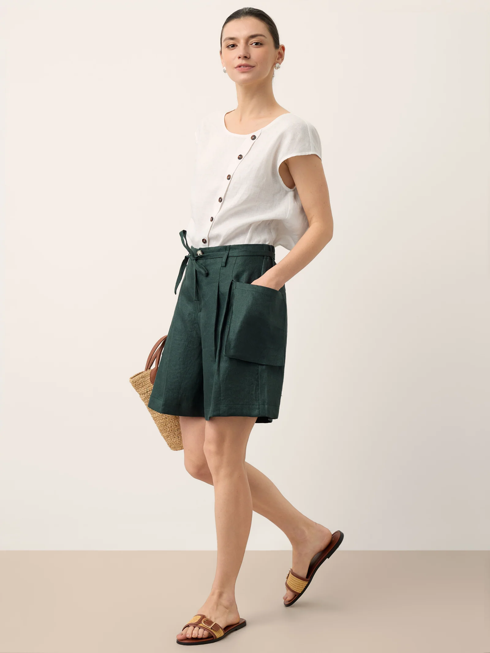 100% Linen Tie Waist Pleated Bermuda Shorts CADENCE - Image 10