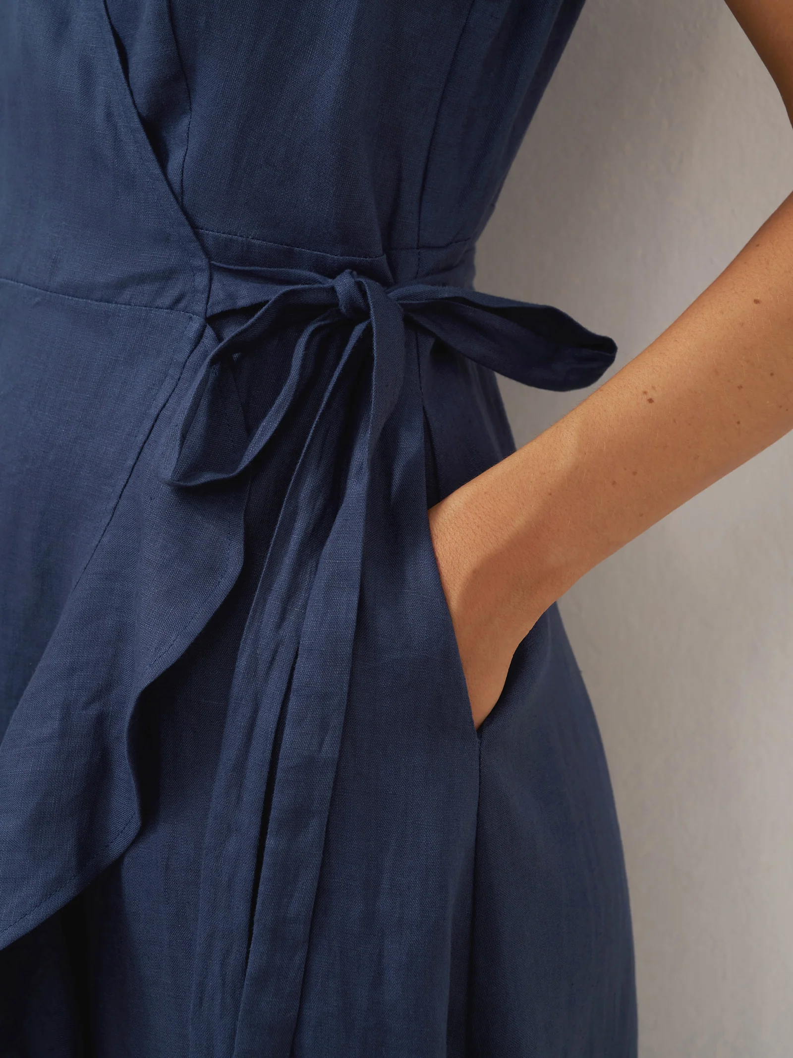 100% Linen V-Neck One-Piece Ruffle Hem Midi Dress MAYA - Image 15