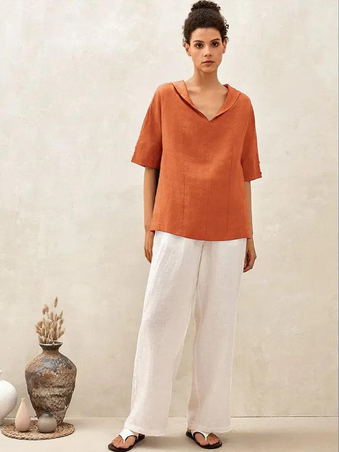 100% Linen V-Neck Short Sleeve Shirt SIERRA - Image 19