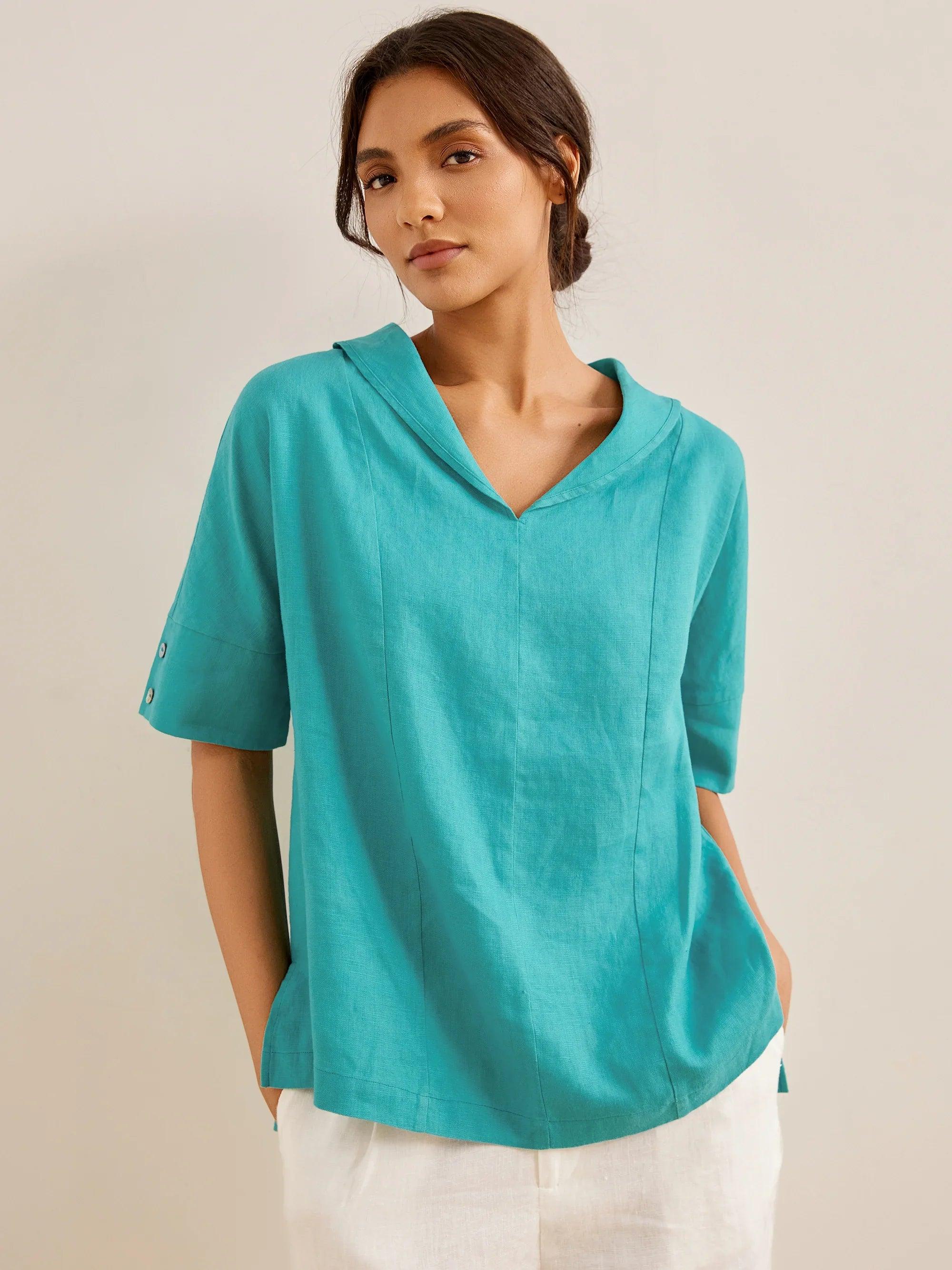 Linen V Neck Short Sleeve Shirt SIERRA - Image 28