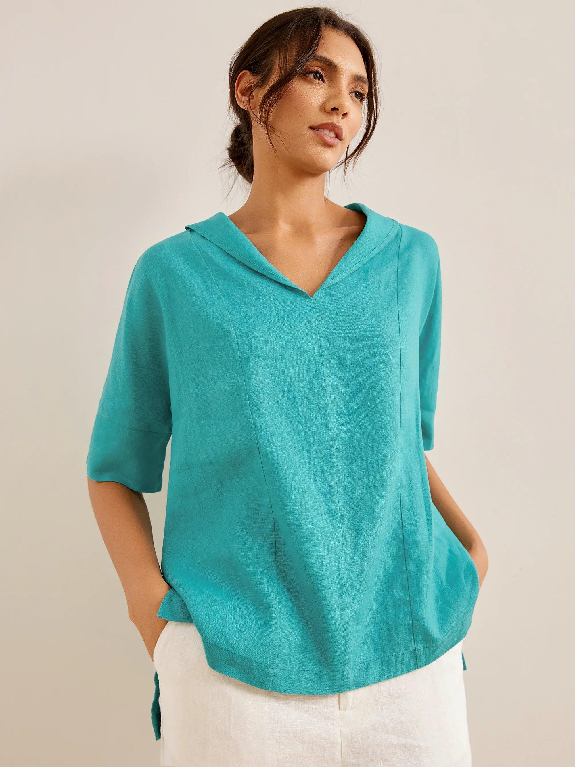 100% Linen V-Neck Short Sleeve Shirt SIERRA - Image 4