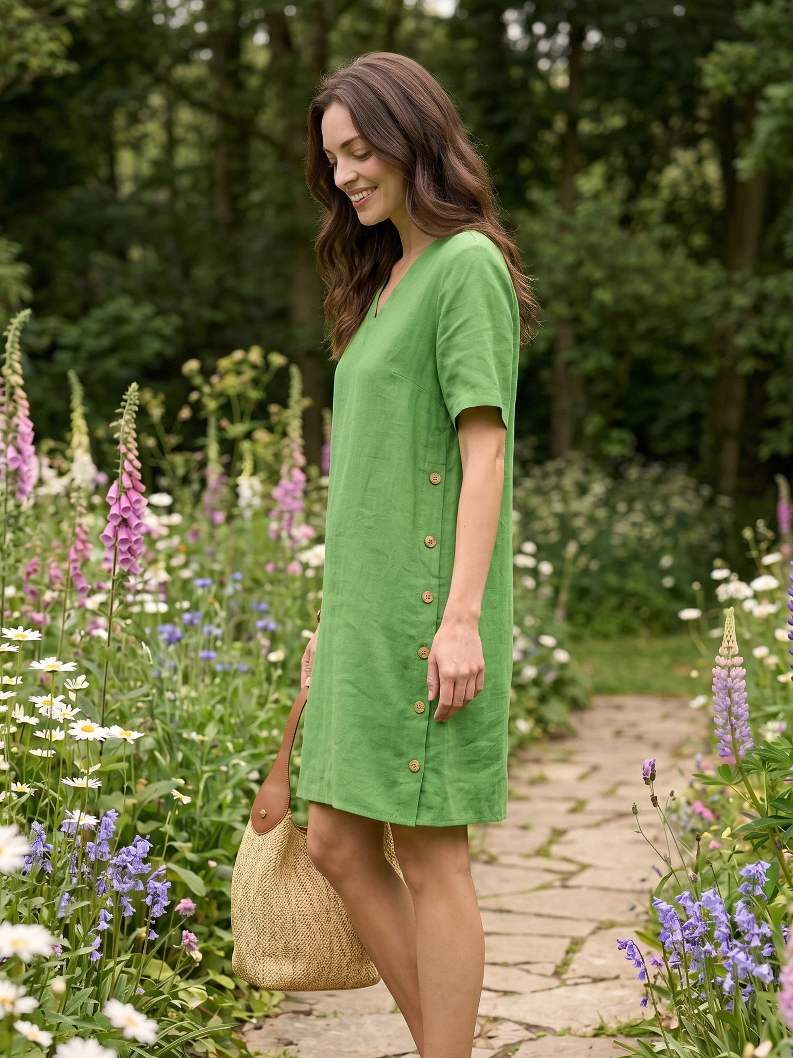 100% Linen Wood Button Elasticated Back Cocoon Mini Dress ROSALIND - Image 3