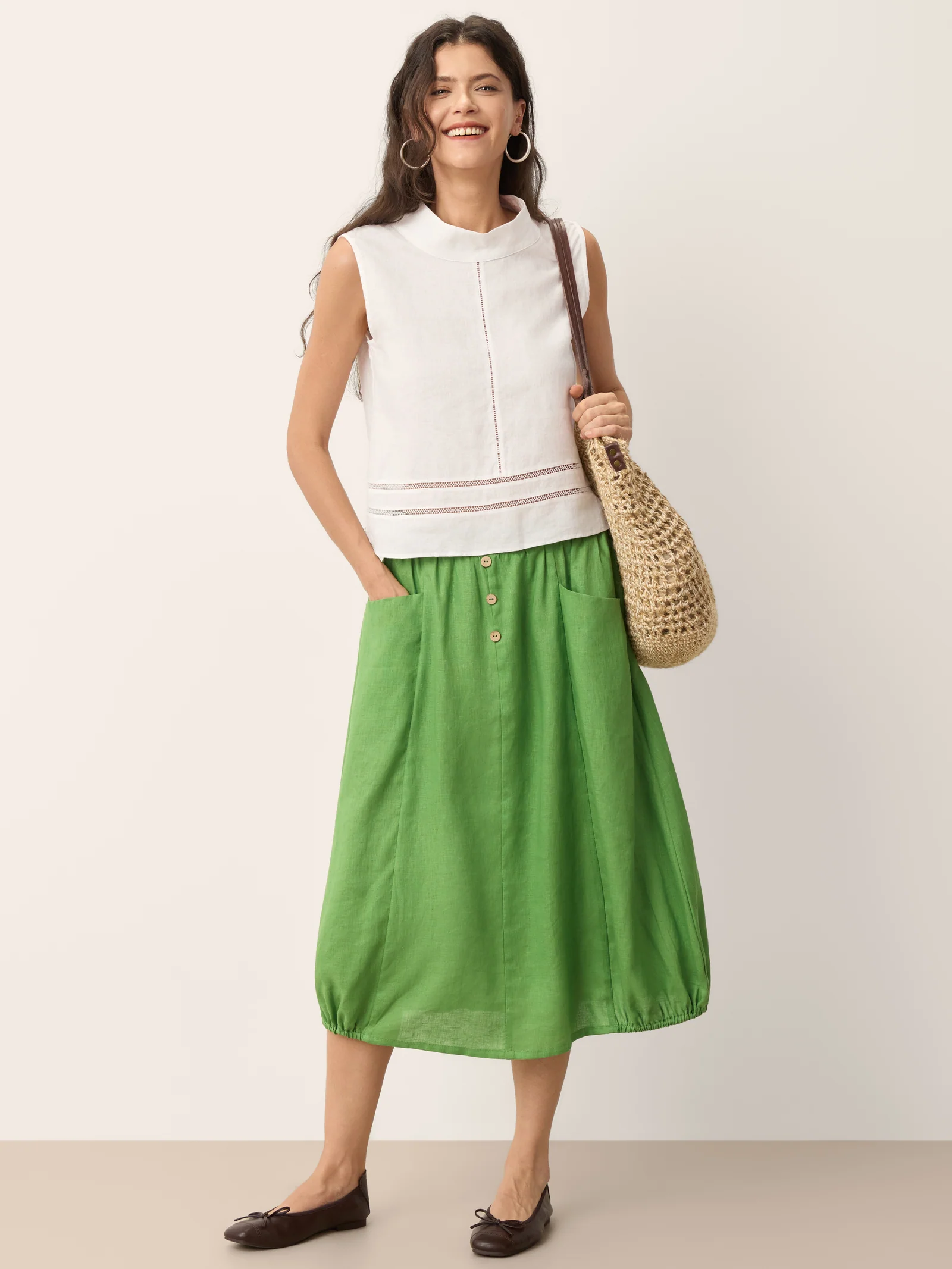 100% Linen Wood Button Elasticated Waist Bubble Skirt QUENBY - Image 9