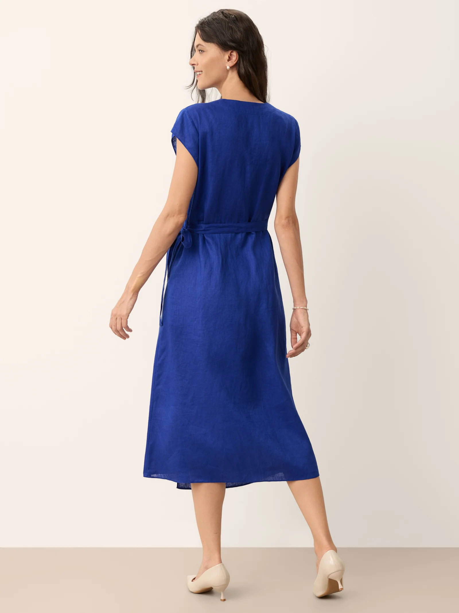 100% Linen Wrap Tie Waist A-Line Midi Dress KERSTIN - Image 10