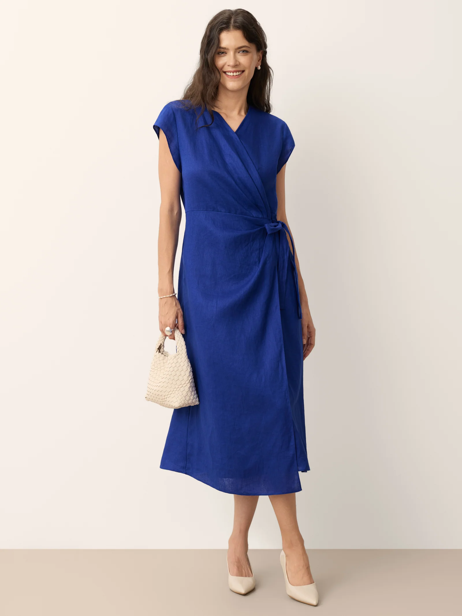 100% Linen Wrap Tie Waist A-Line Midi Dress KERSTIN - Image 5